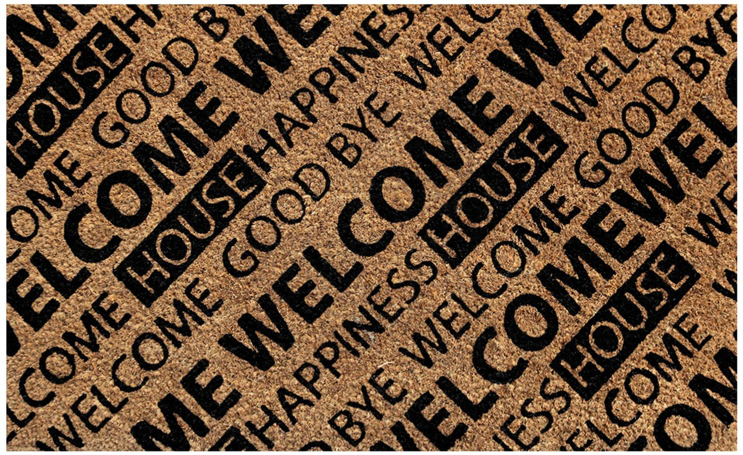 A rectangular natural coir doormat with black printed text that reads 'Welcome' in various fonts and styles.