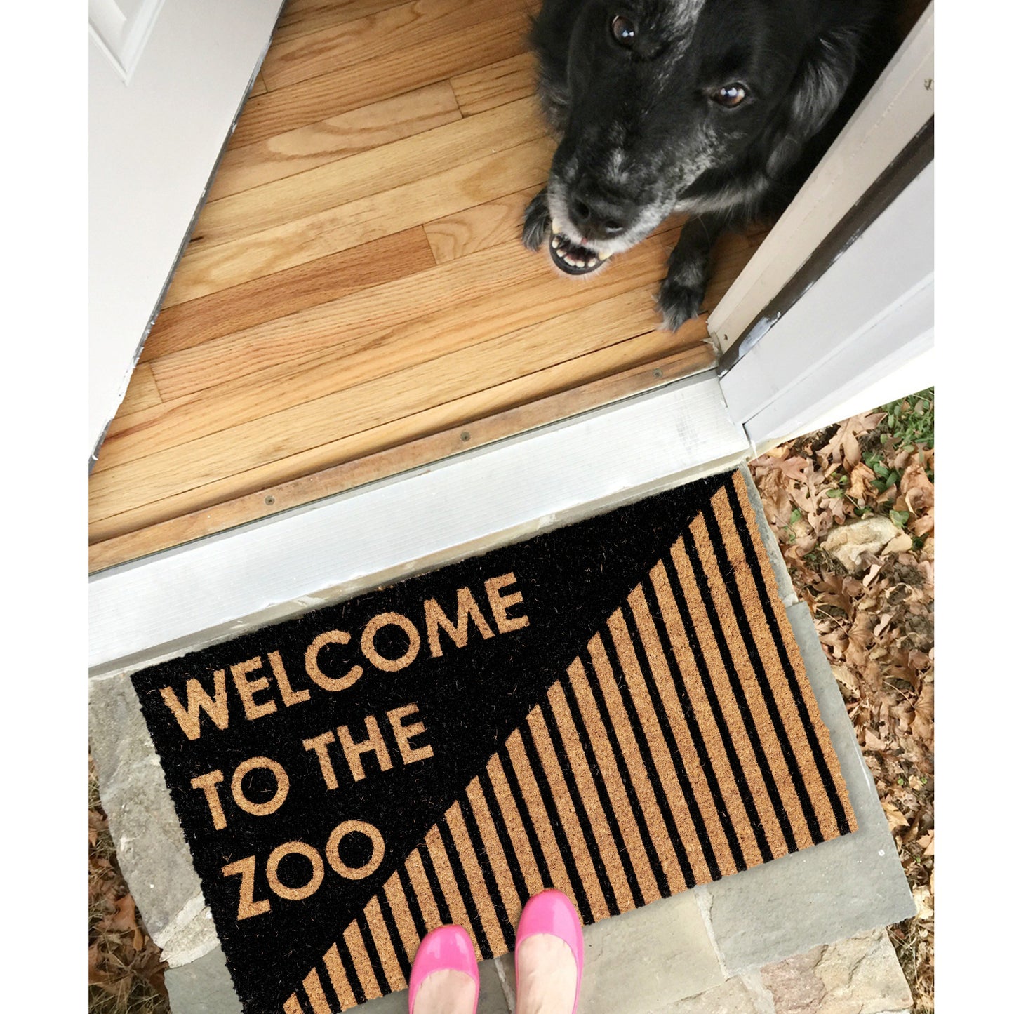 A rectangular, black coir doormat with the text 'Welcome to THE ZOO' printed on it, placed on the doorstep with a dog and a person's feet visible in the image.