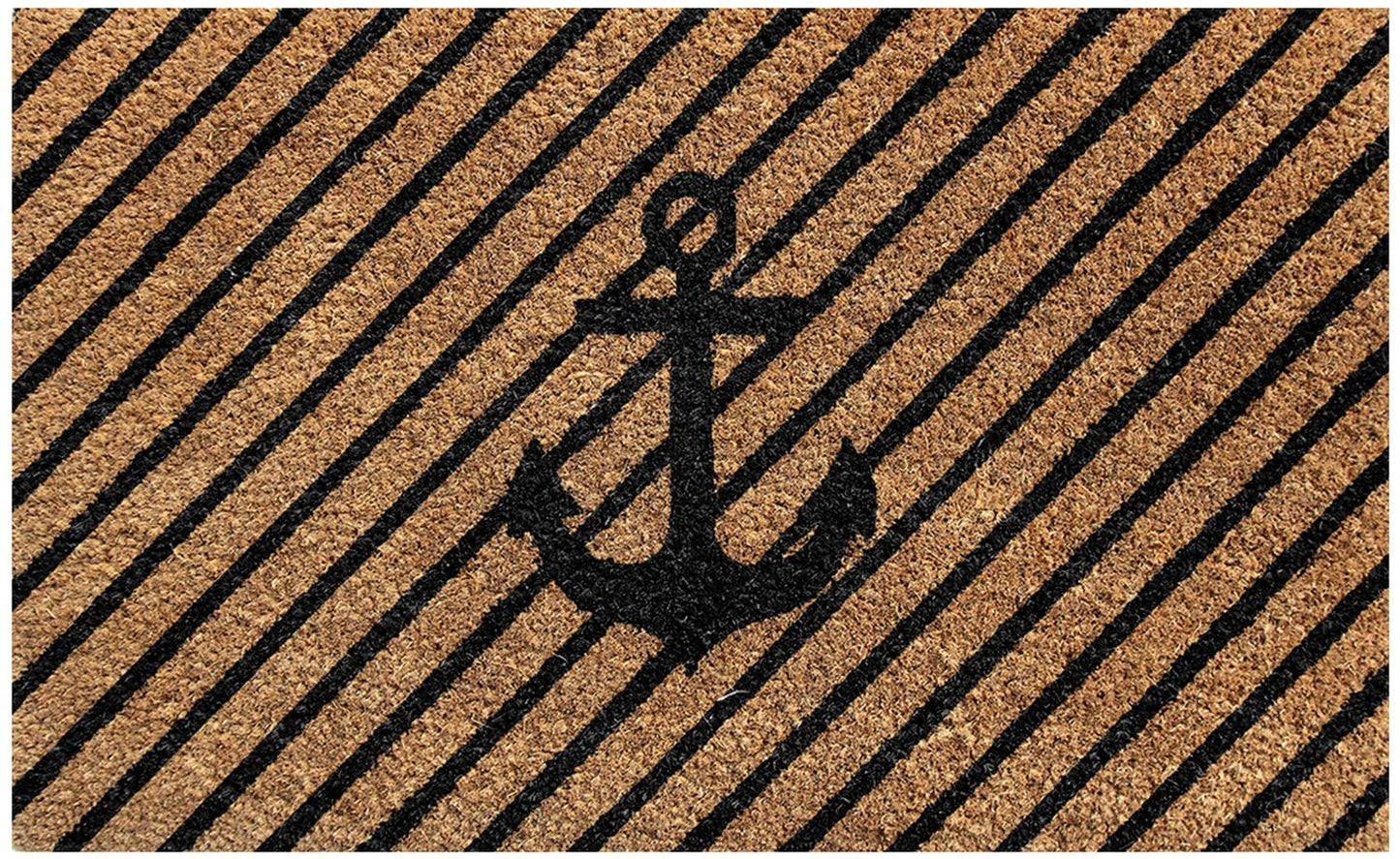 Elegant Black Ship Anchor Printed Striped Natural Coir Floor Mat - OnlyMat