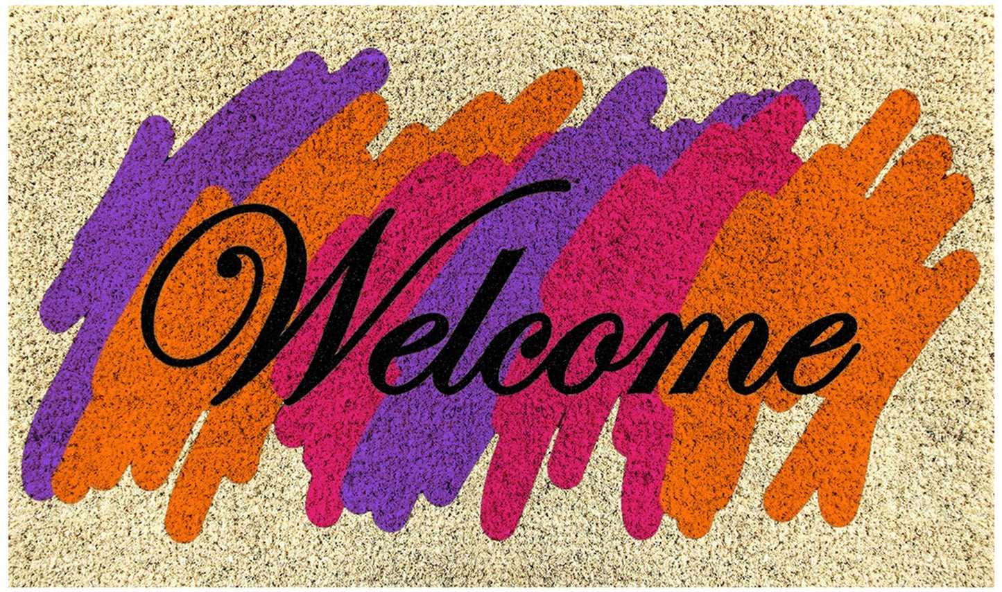 A multicoloured door mat with a 'Welcome' text design in a colourful, artistic style on a beige background.