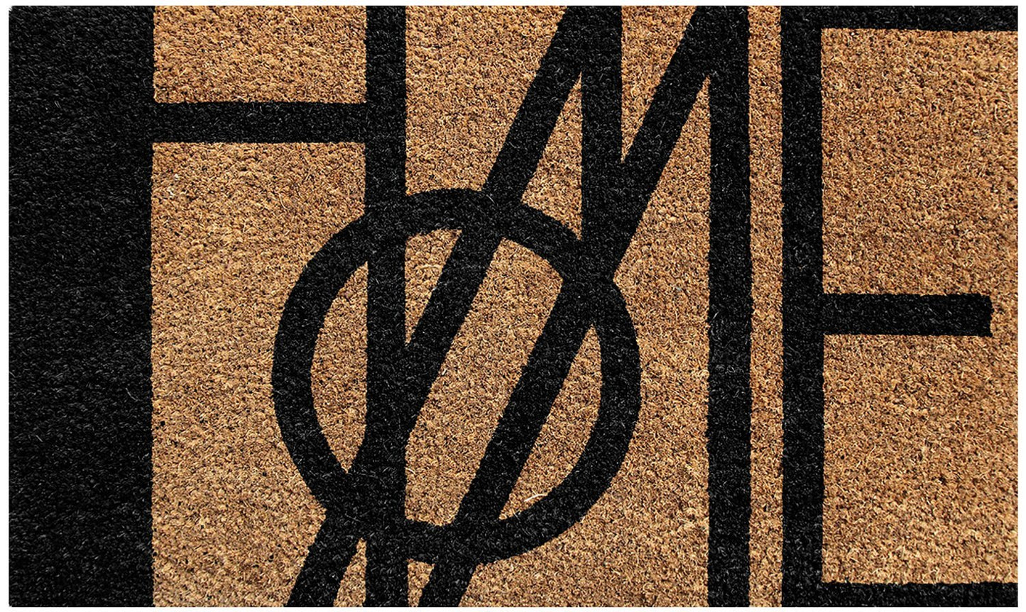 Rectangular coir doormat with the word 'HOME' printed in a large, black, capital letter design on a beige background with black edging.