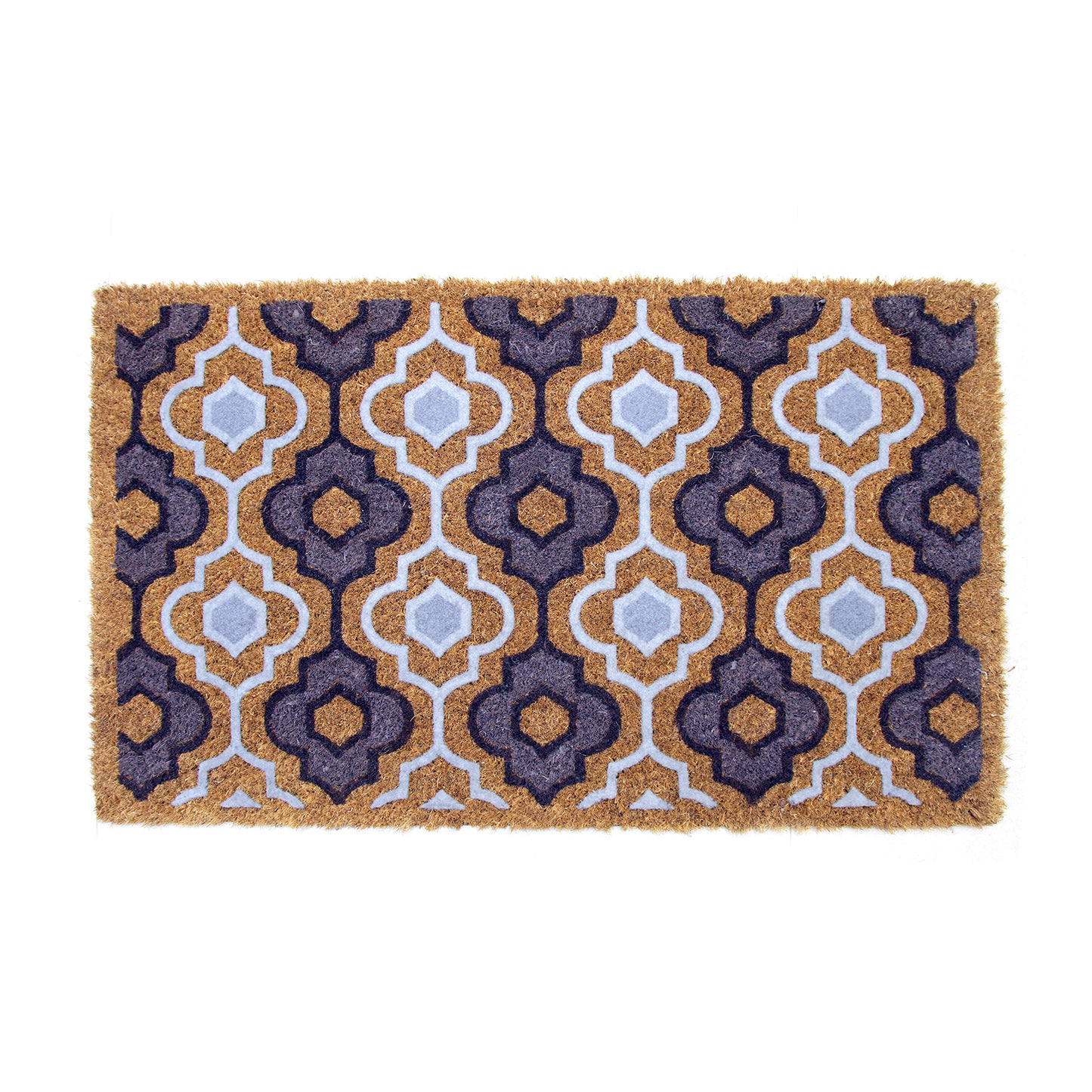 A rectangular natural coir floor mat with a geometric pattern design in brown, beige, and purple colours, featuring a PVC backing.