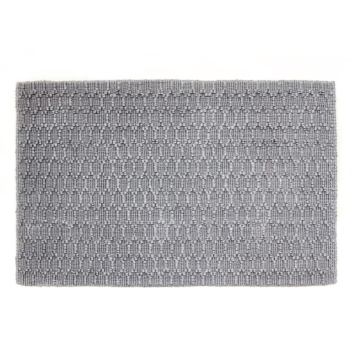 A grey-colored jute rug mat with a textured design, placed on a white background.