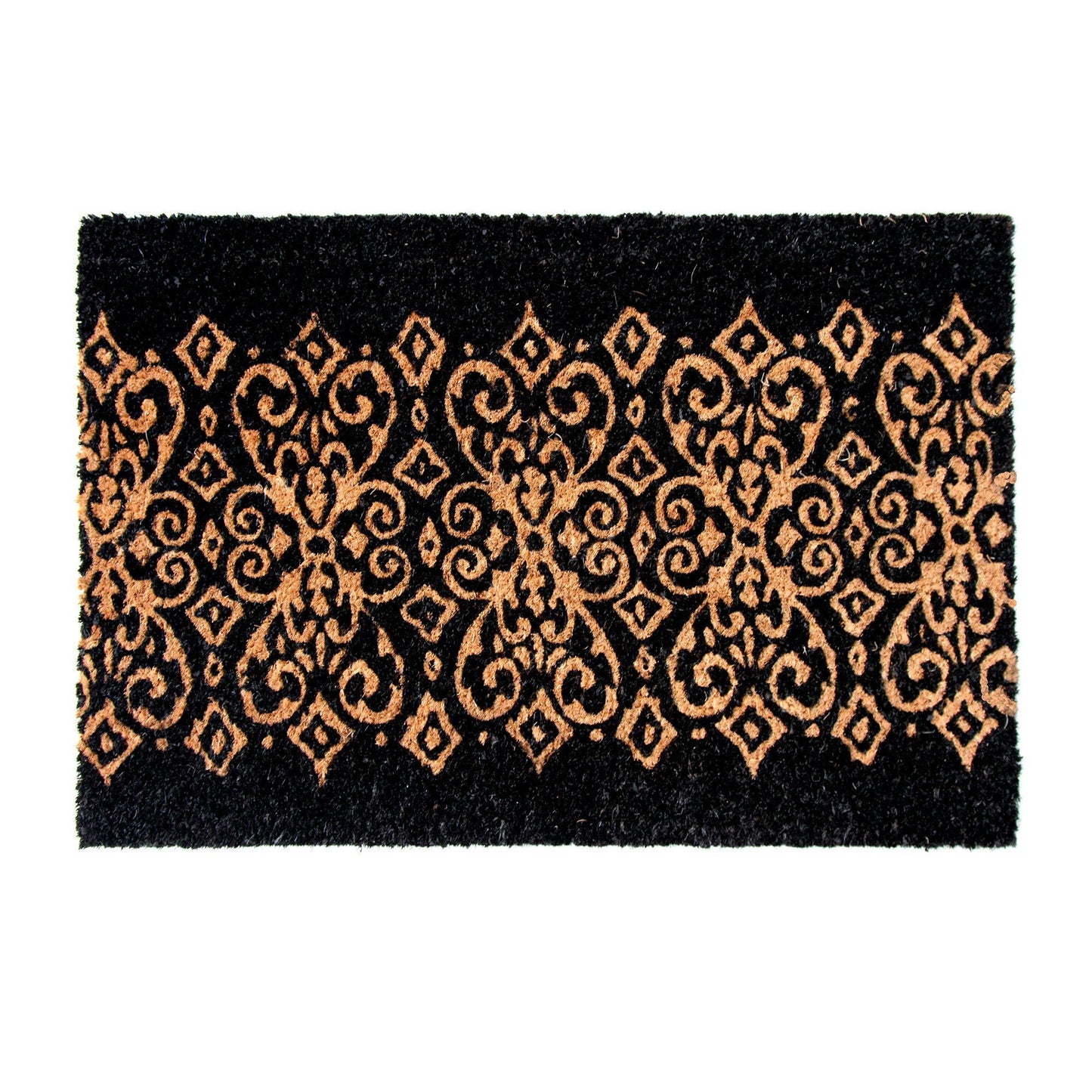 A rectangular black doormat with a geometric pattern, featuring a border with intricate geometric designs.