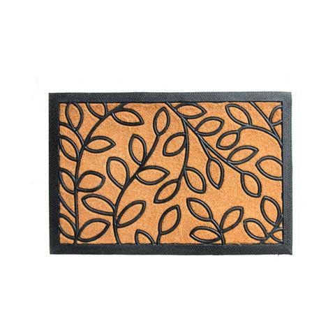 A rectangular bathroom door mat with a leaf design, featuring a black border and a brown textured surface with a black leaf pattern.