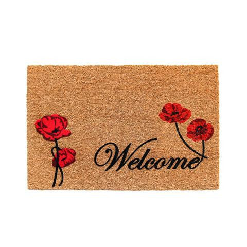 A rectangular coir door mat with a floral design in red and white, and the word 'WELCOME' printed in a large, elegant font.