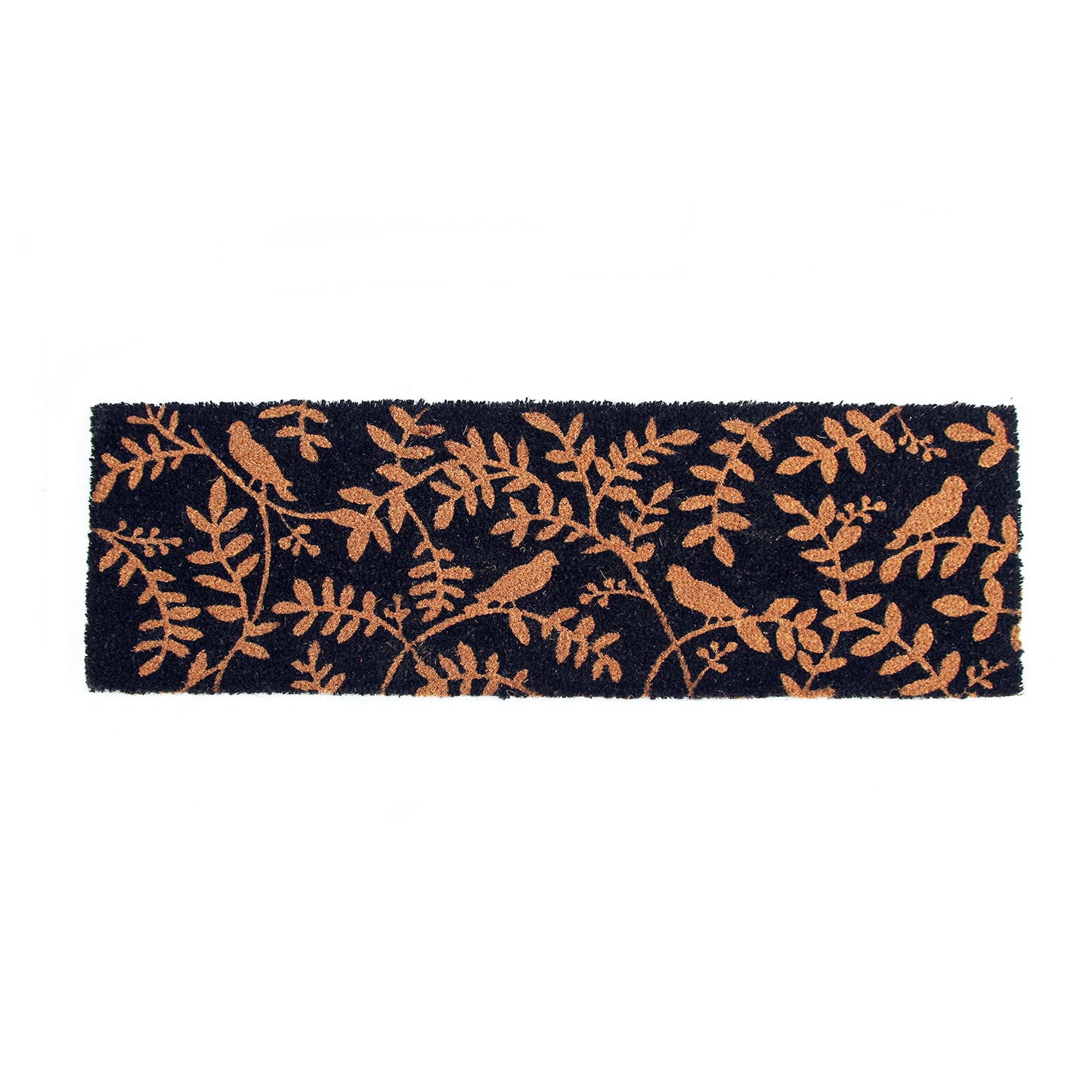 A rectangular natural coir door mat with a printed design featuring birds and leaves on a black background, and an anti-slip backing.