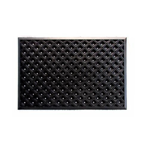 A black anti-fatigue mat with a geometric pattern designed for comfort standing in industrial or commercial settings.