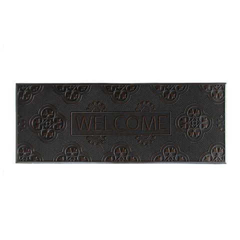 A black rectangular rubber pin mat with a geometric pattern and the word 'Welcome' printed in the centre.