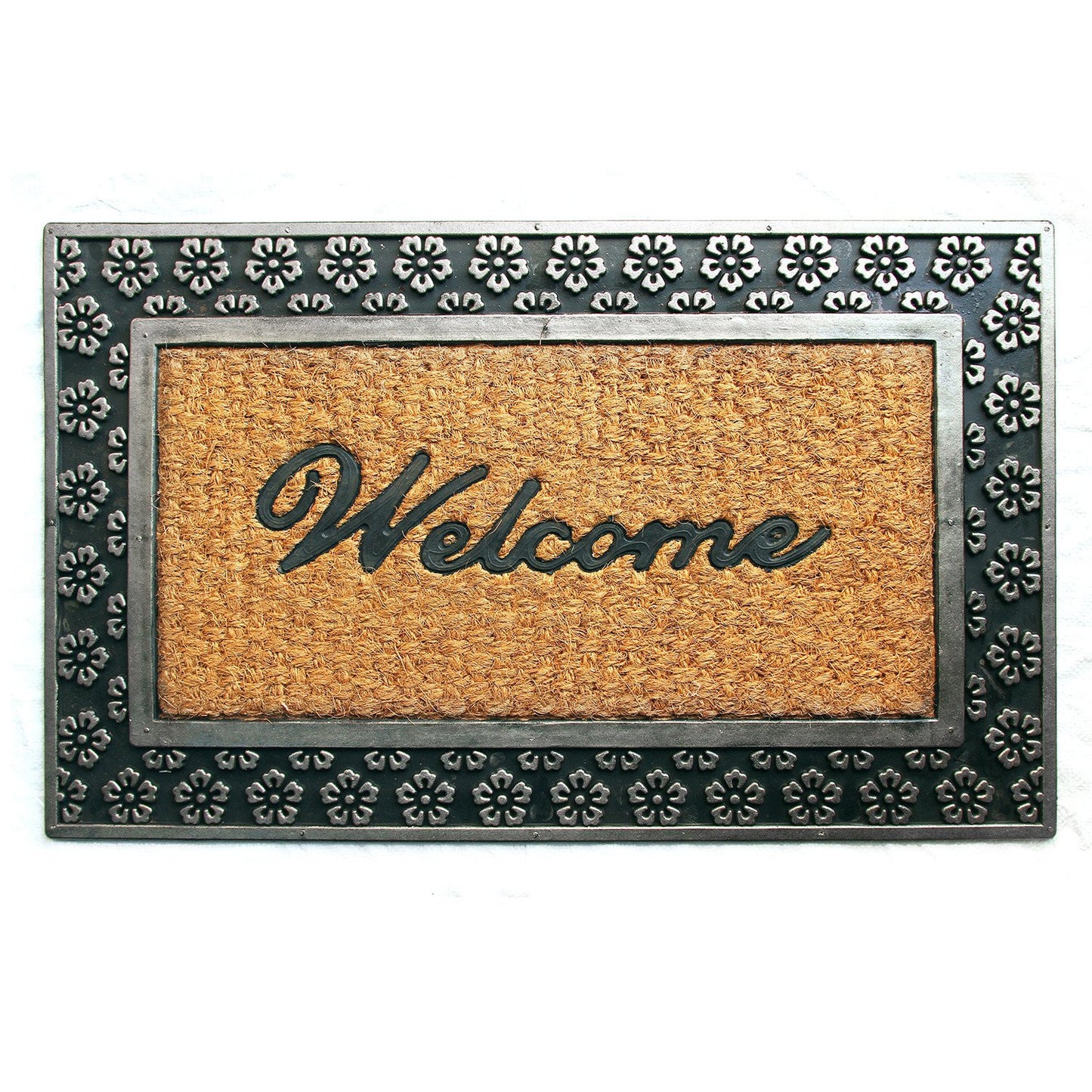 A rectangular entrance doormat with a metallic floral design border and the word 'WELCOME' prominently displayed in bold letters.