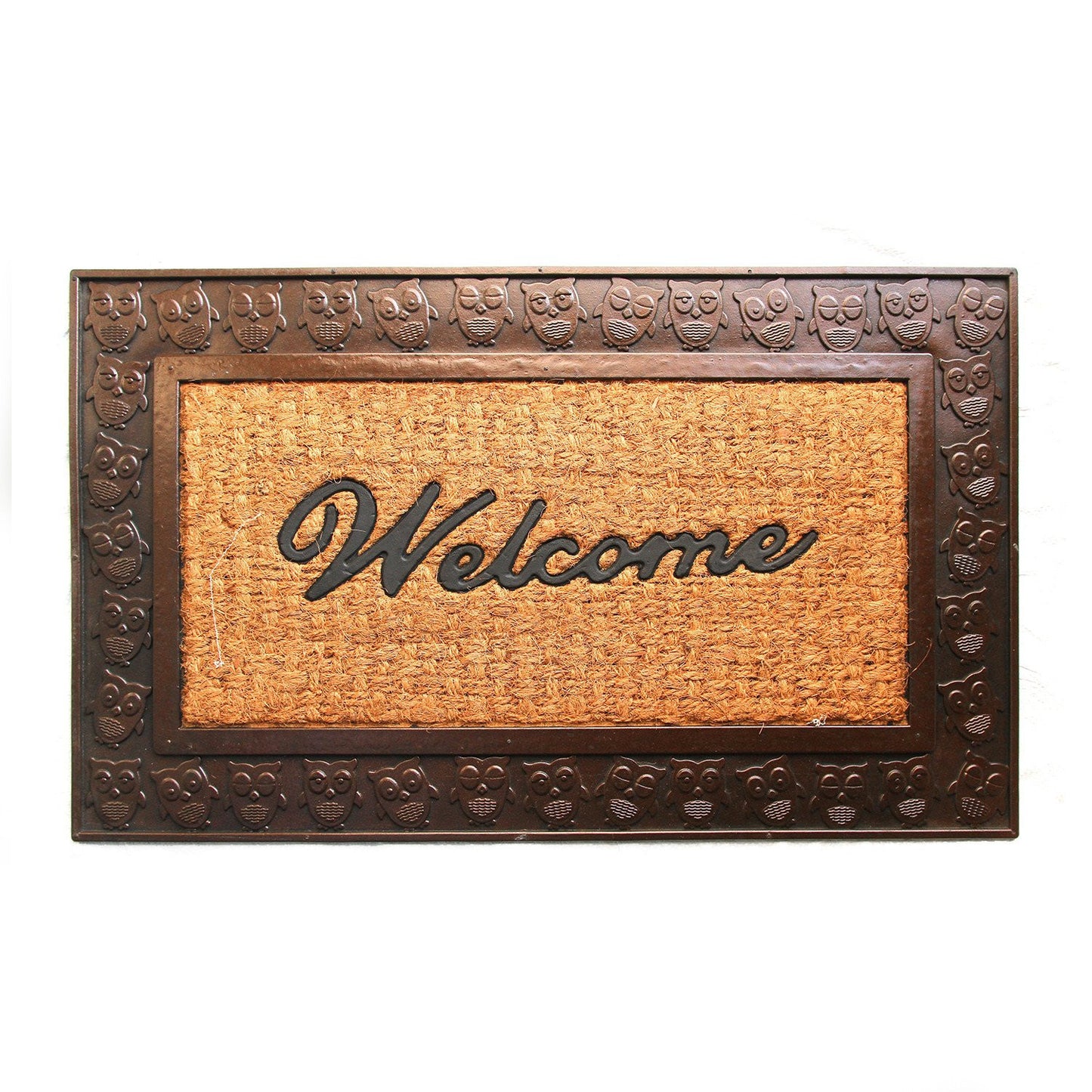 Brown Coco Rubber Welcome Entrance Door Mat with Owl Design Border - OnlyMat