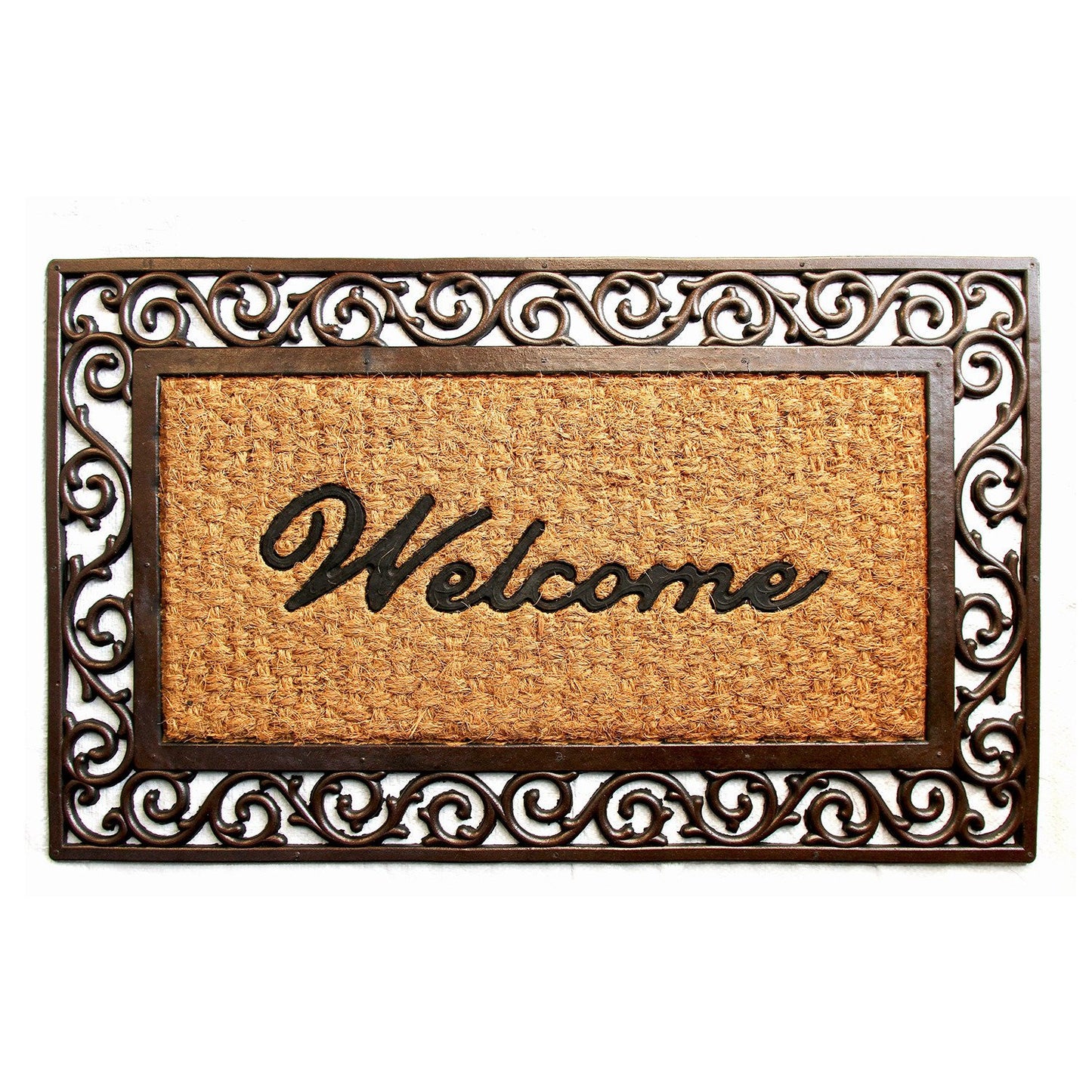 A brown coco rubber welcome mat with a wide border and the word 'Welcome' printed in black in the centre, framed with a decorative metallic border.