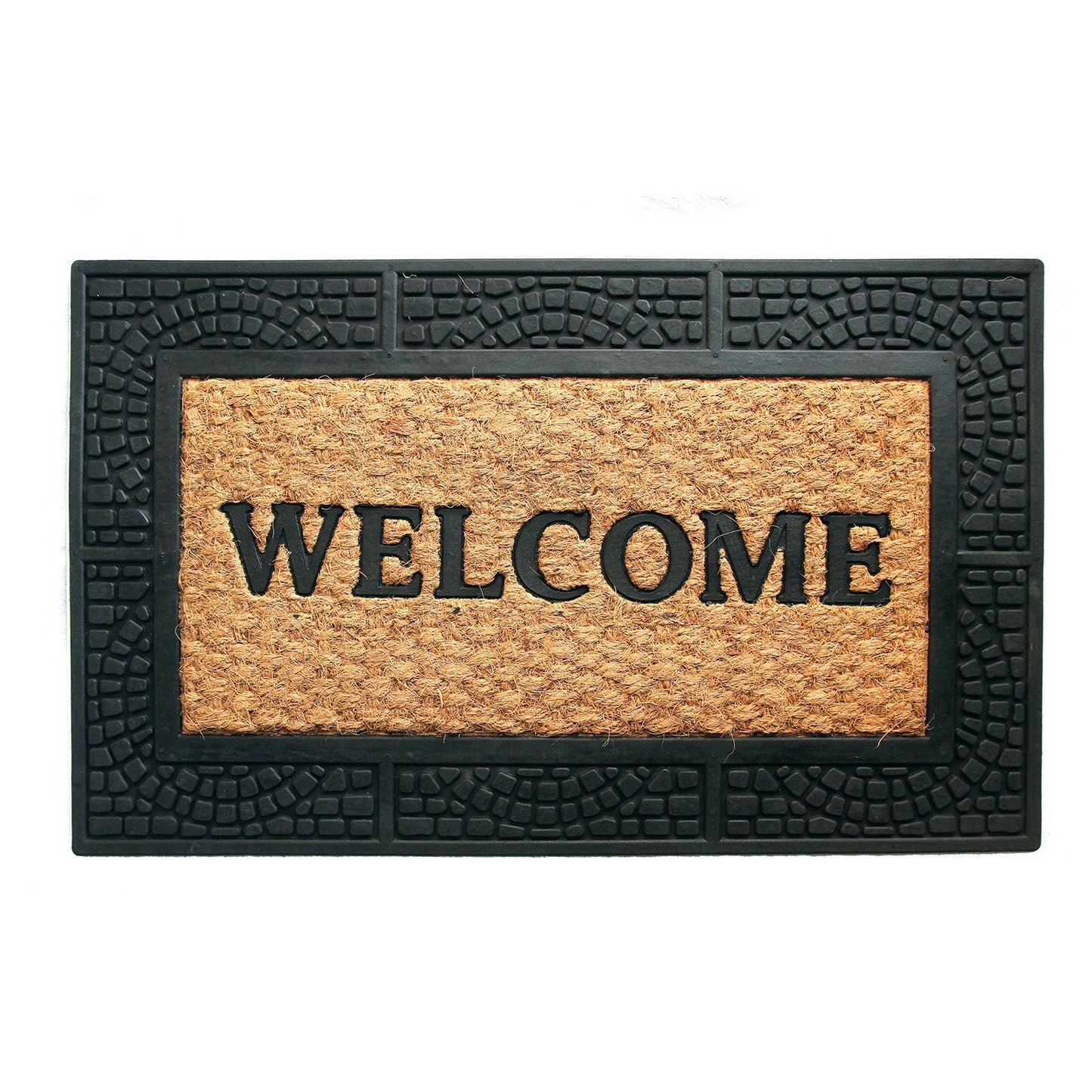 A rectangular natural coir door mat with 'Welcome' text moulded in black, and a black moulded border.