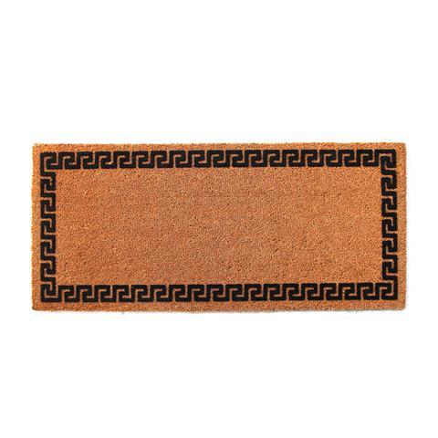 A rectangular natural coir floor mat with a printed black border.