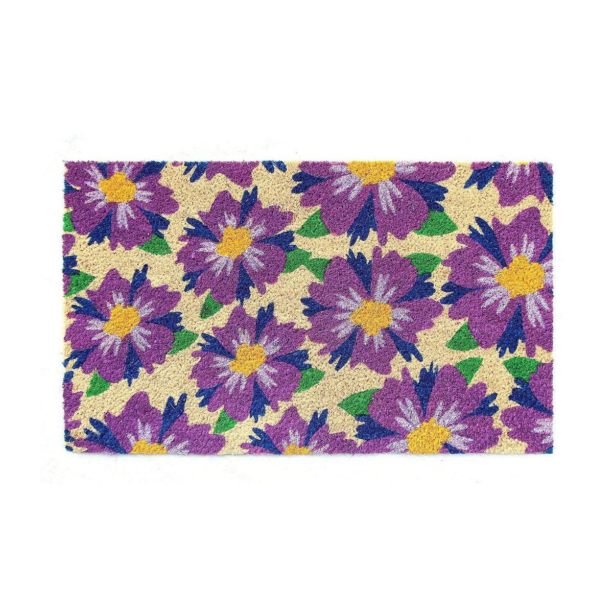 A rectangular coir doormat with a colorful floral design pattern, featuring purple, blue, and green flowers on a beige background.
