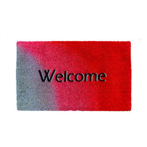 A rectangular natural coir entrance mat with a red border and the word 'Welcome' printed in black.
