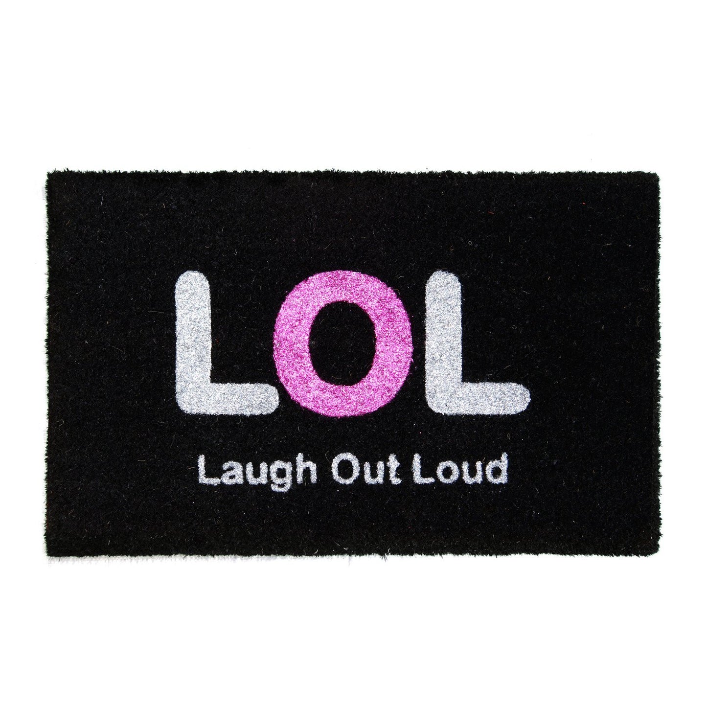 A black rectangular coir floor mat with the text 'Laugh Out Loud' and a glittery pink 'LOL' logo in the centre.