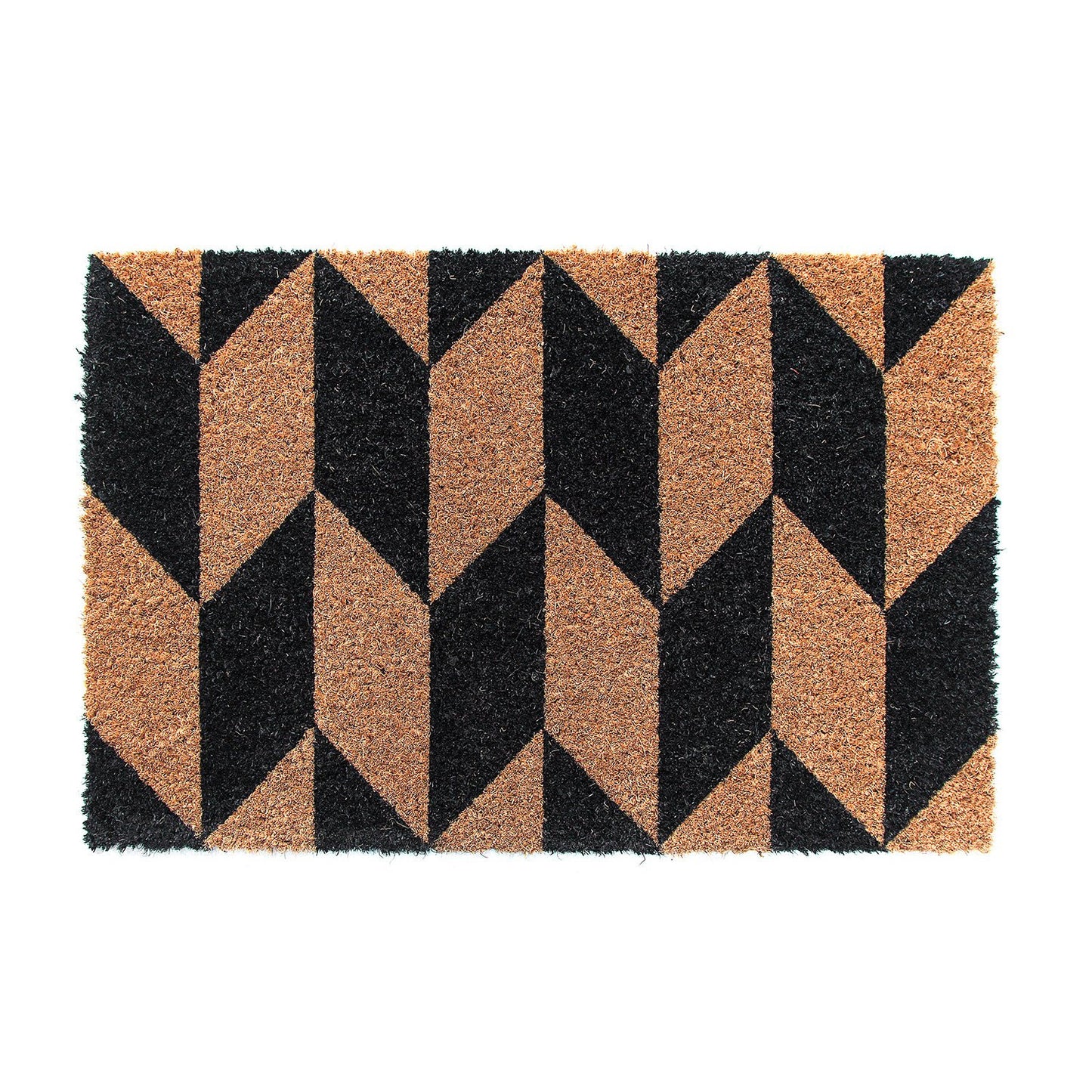 Rectangular natural coir floor mat with a herringbone pattern and anti-slip backing, primarily in black and brown colors.
