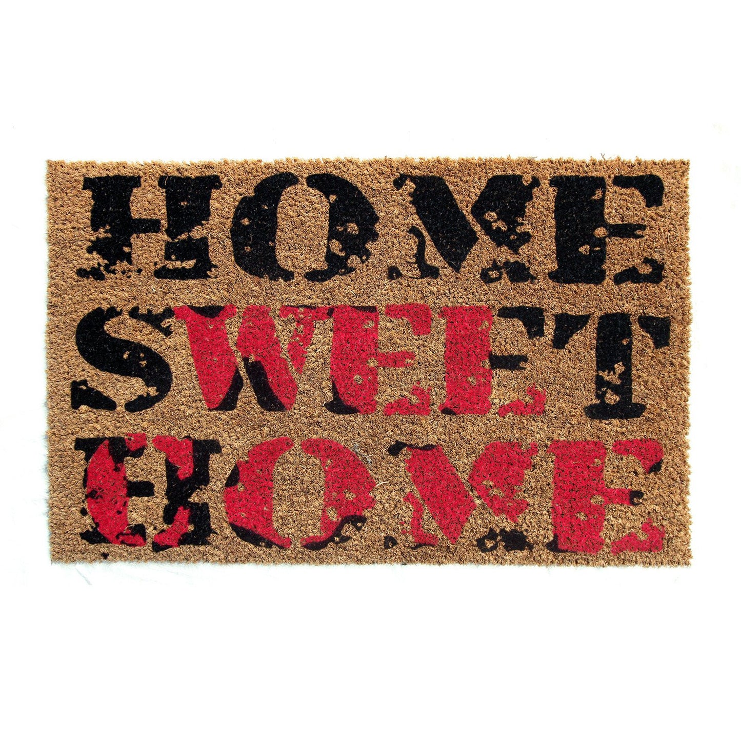 Rectangular natural coir door mat with the text 'HOME SWEET HOME' printed in red and black.