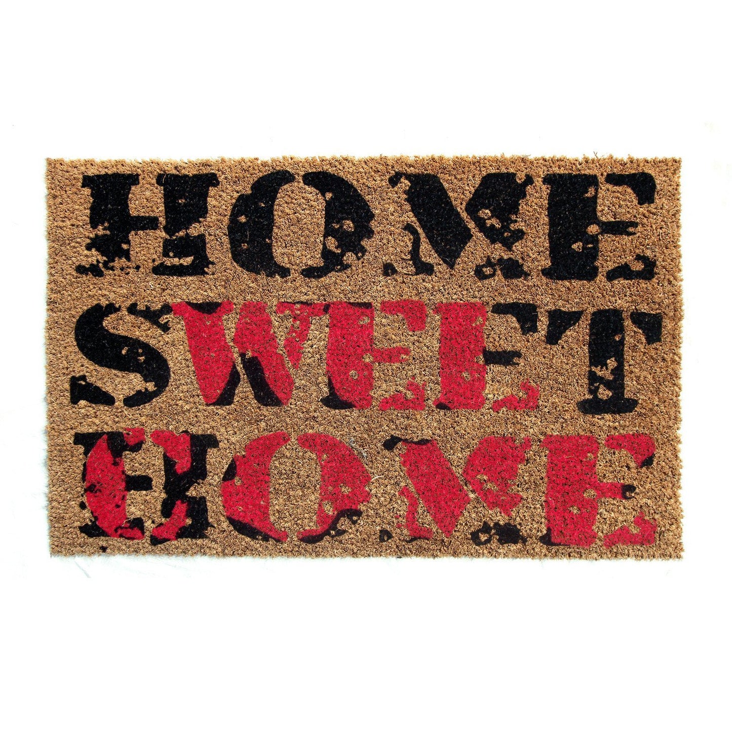 A rectangular coir doormat with a black and red printed design that reads 'HOME SWEET HOME' in bold letters.