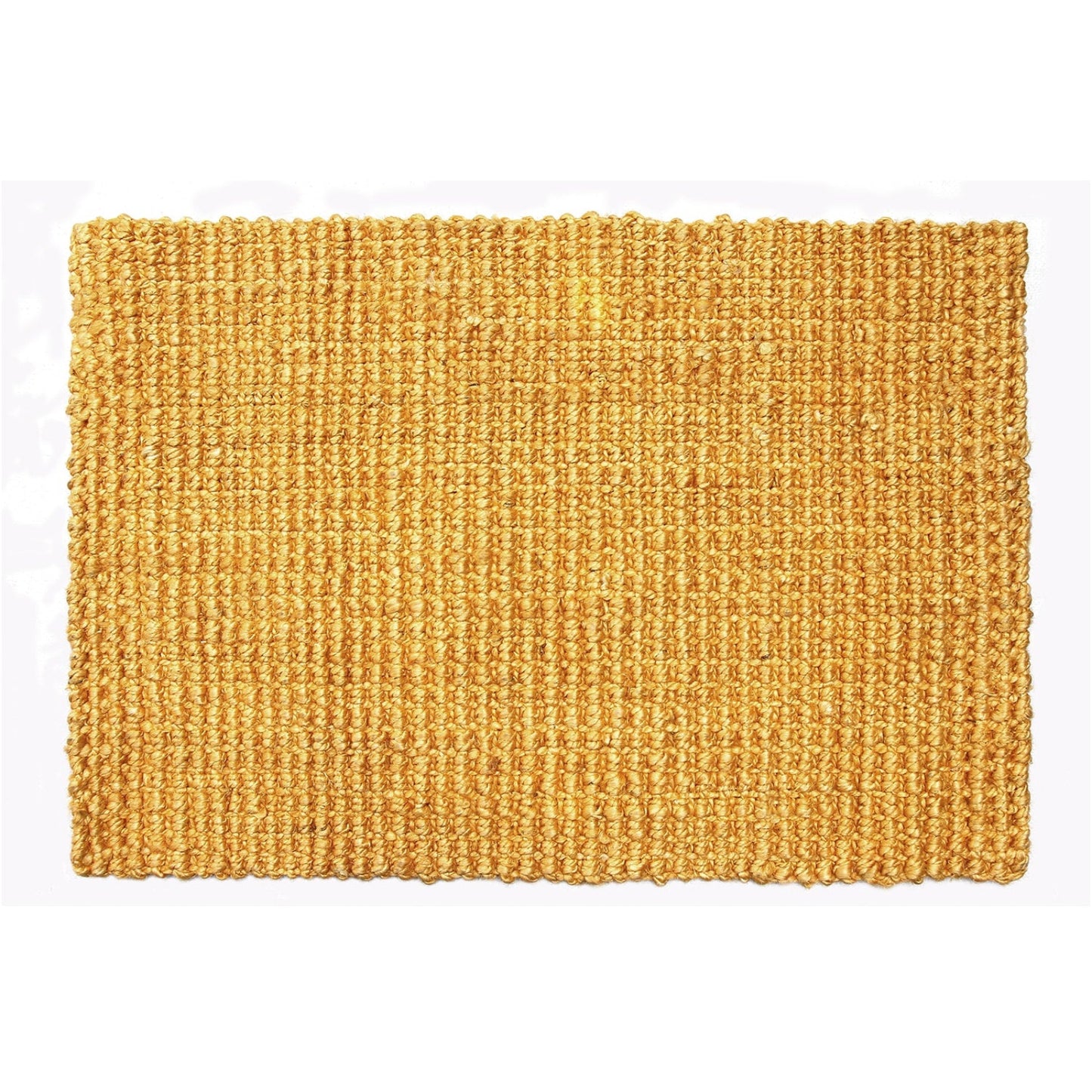 Textured gold coloured jute mat on a white background