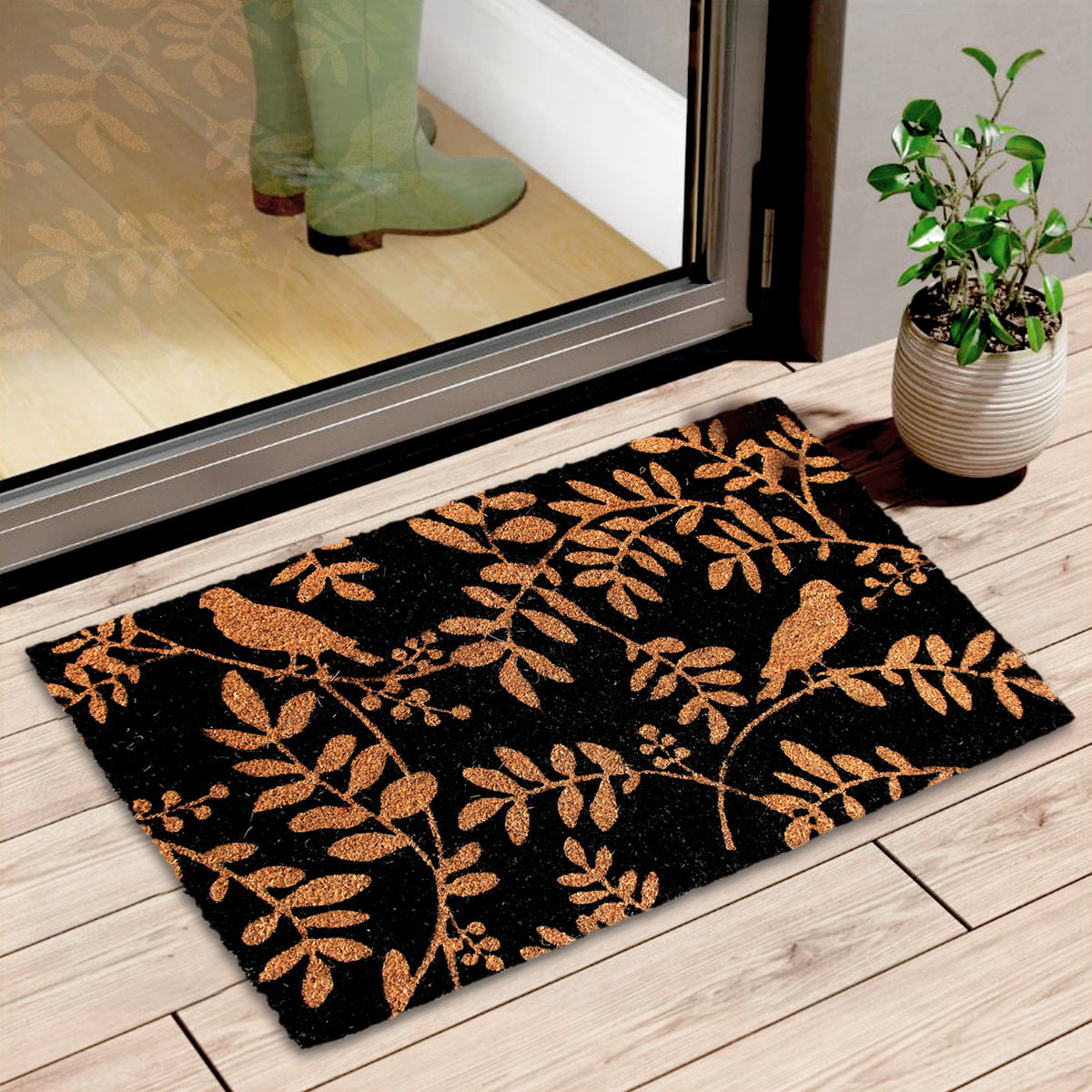 Elegant Leaf & Bird Design Printed Black Natural Door Floor Mat - OnlyMat