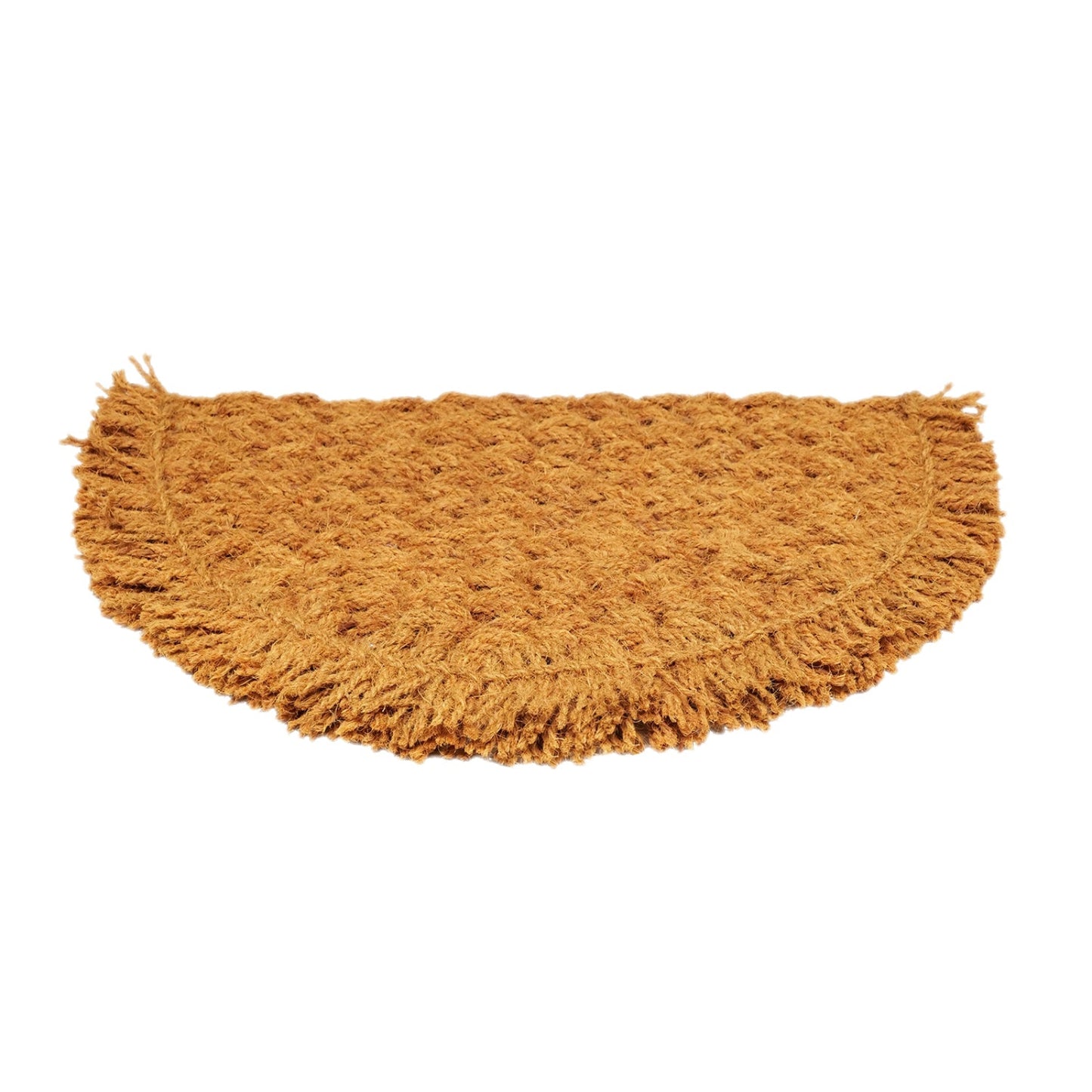 Brown half-circle coir rug with fringes on a white background