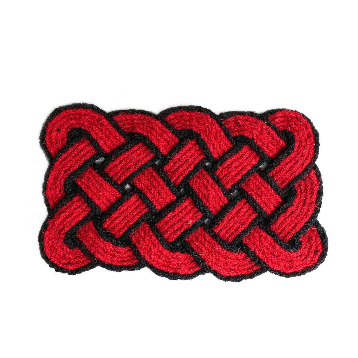 Red woven traditional coir knot mat with black border on a white background