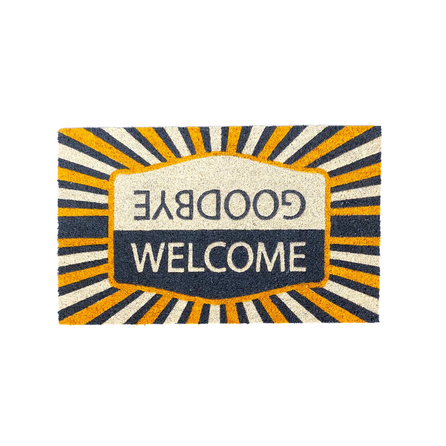OnlyMat Retro WELCOME GOODBYE Inverse Design Yellow & Grey Printed Natural Coir Entrance Mat
