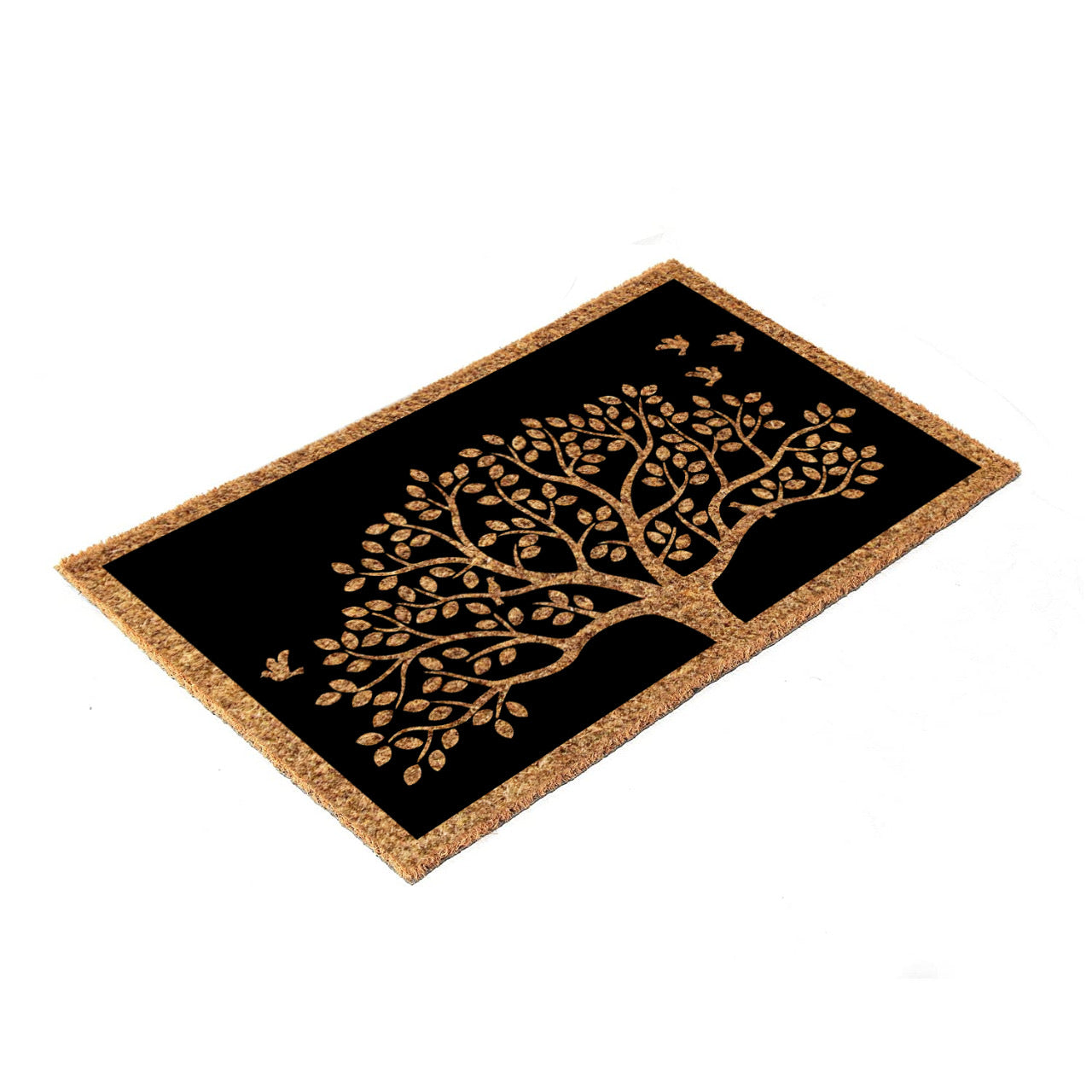A rectangular natural coir black door mat with a printed Tree of Life and chirping birds design, placed on a tiled floor.