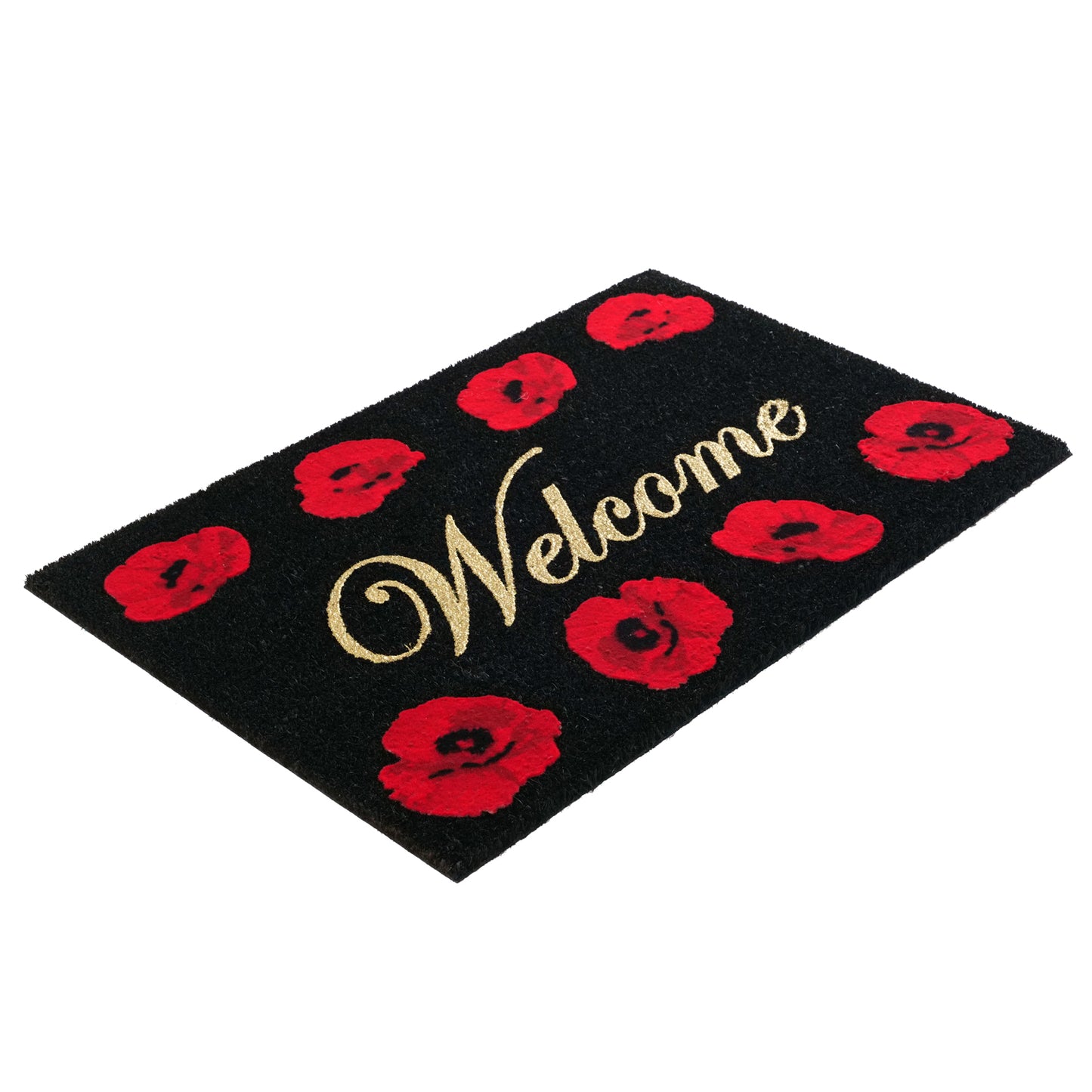 OnlyMat Welcome Flocked with Poppy Flowers printed Thick Black Coir Door mat