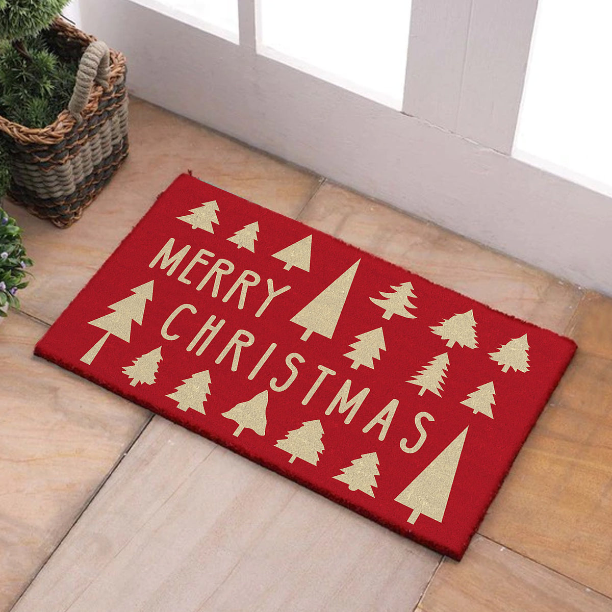 Merry Christmas with Tree Pattern Red Gold Natural Printed Coir Natural Door Mat