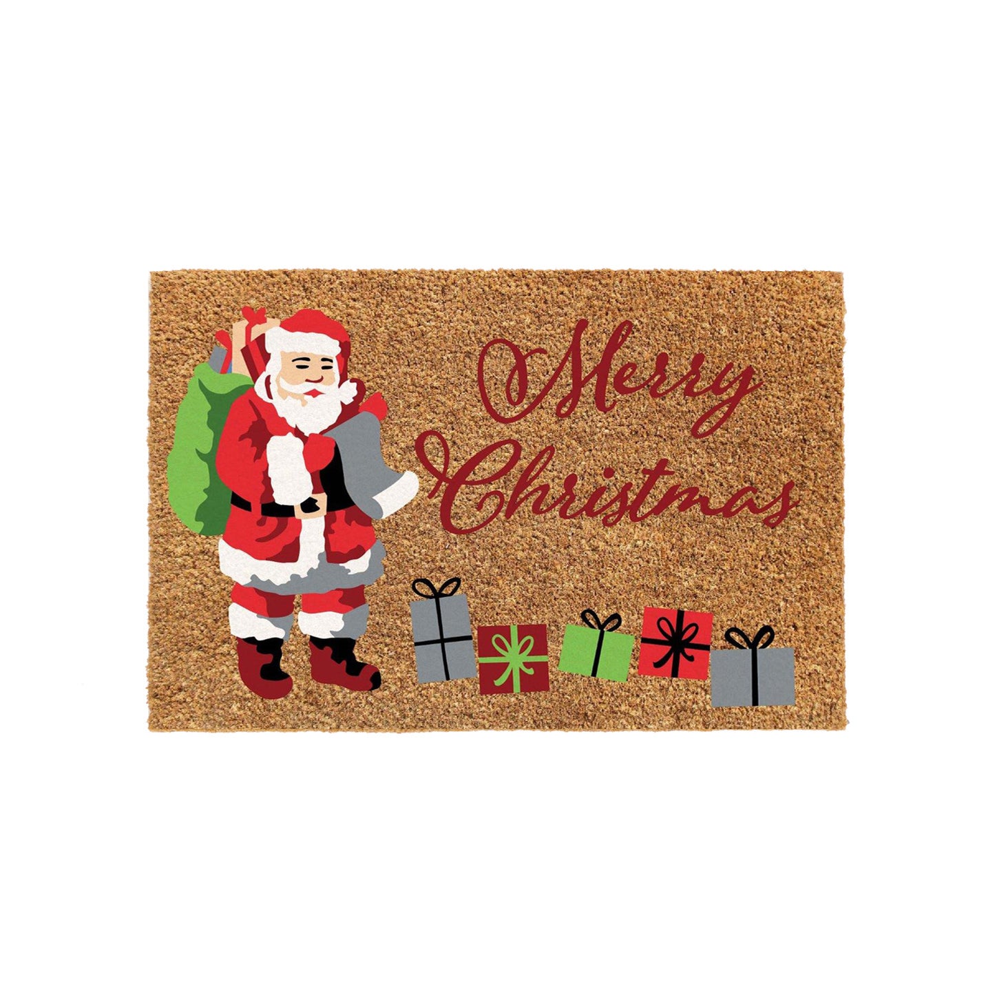 A natural coir doormat with a 'Merry Christmas' theme, featuring an illustration of Santa Claus, gifts, and Christmas decorations.