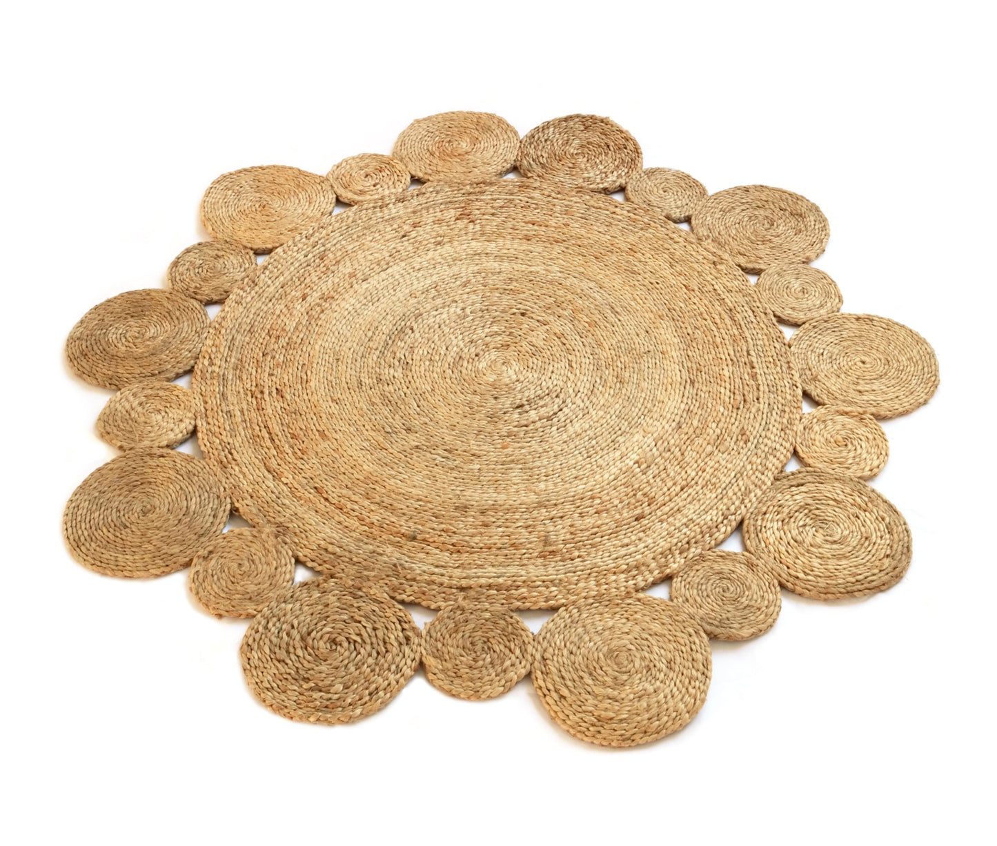 Round woven jute rug with circular patterns on a white background