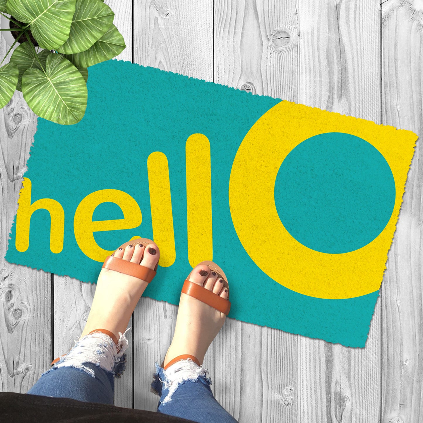 OnlyMat Light Green and Yellow Colour "Hello" Printed Natural Coir Entrance Mat