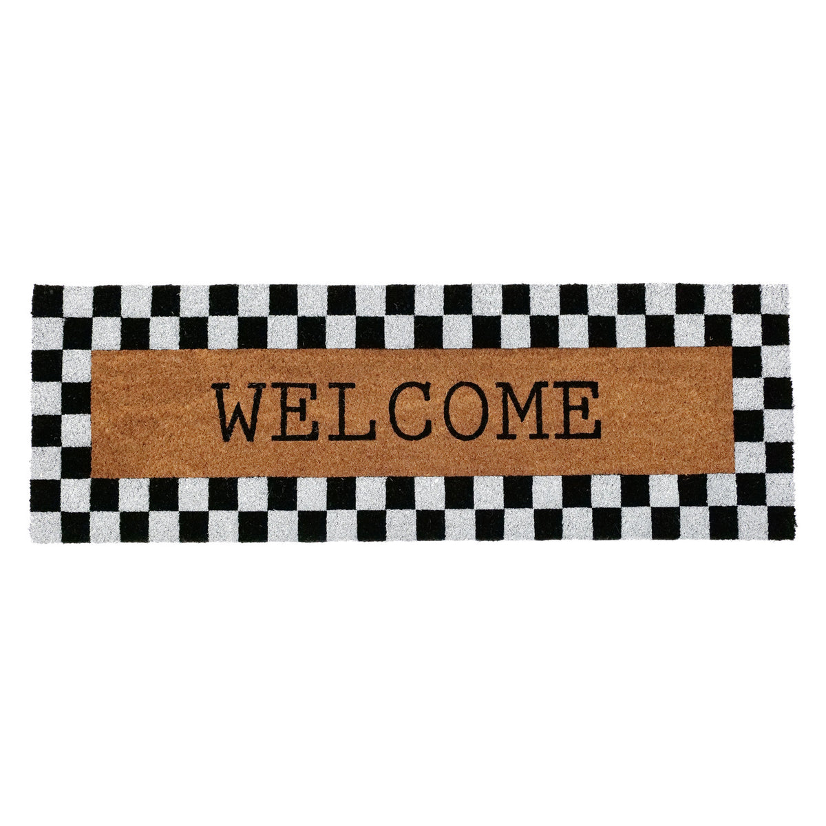 OnlyMat Plaid Border Black & White Pattern Welcome Natural Coir Doormat (120cm x 40 cm)