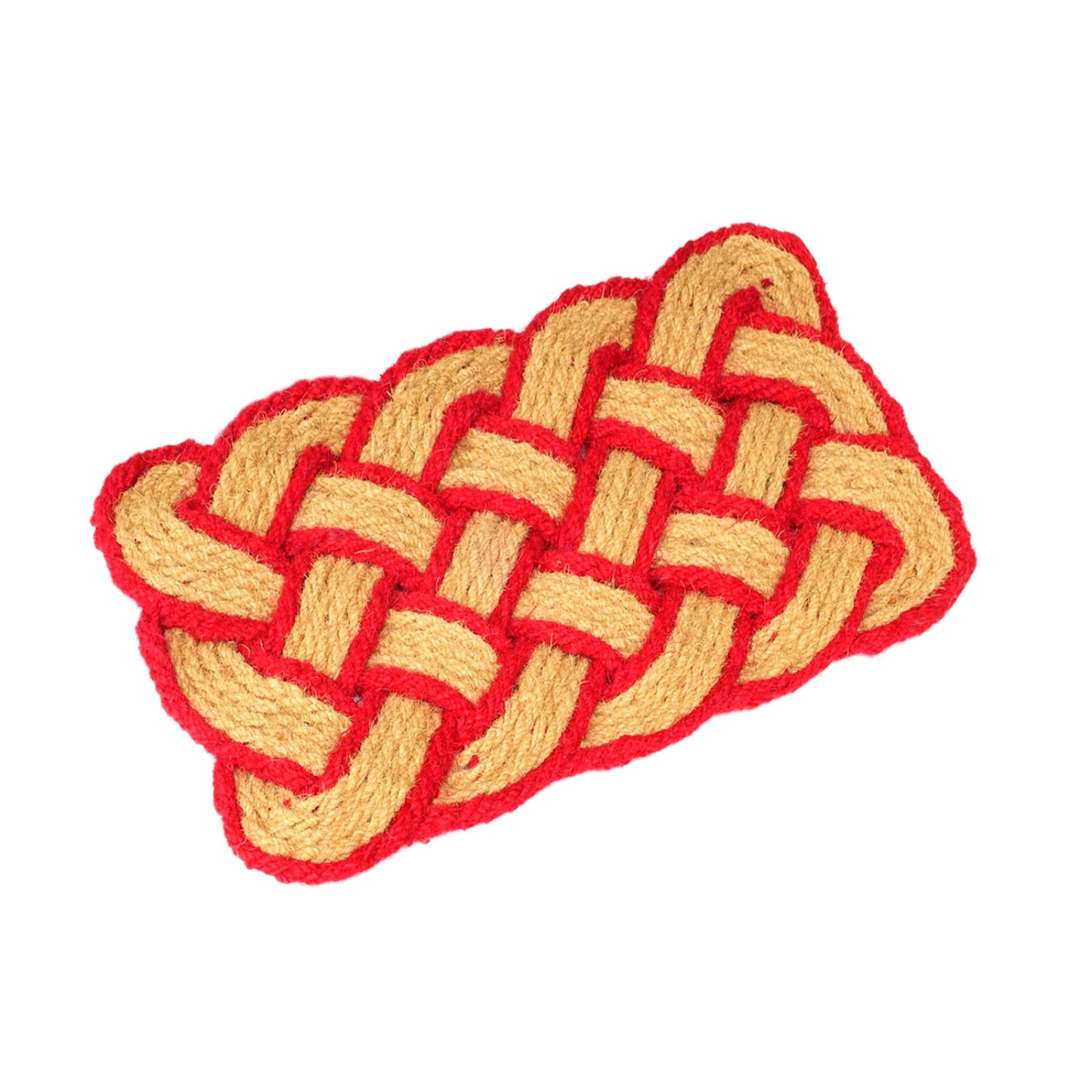 Red and gold braided knot traditional coir mat on a white background