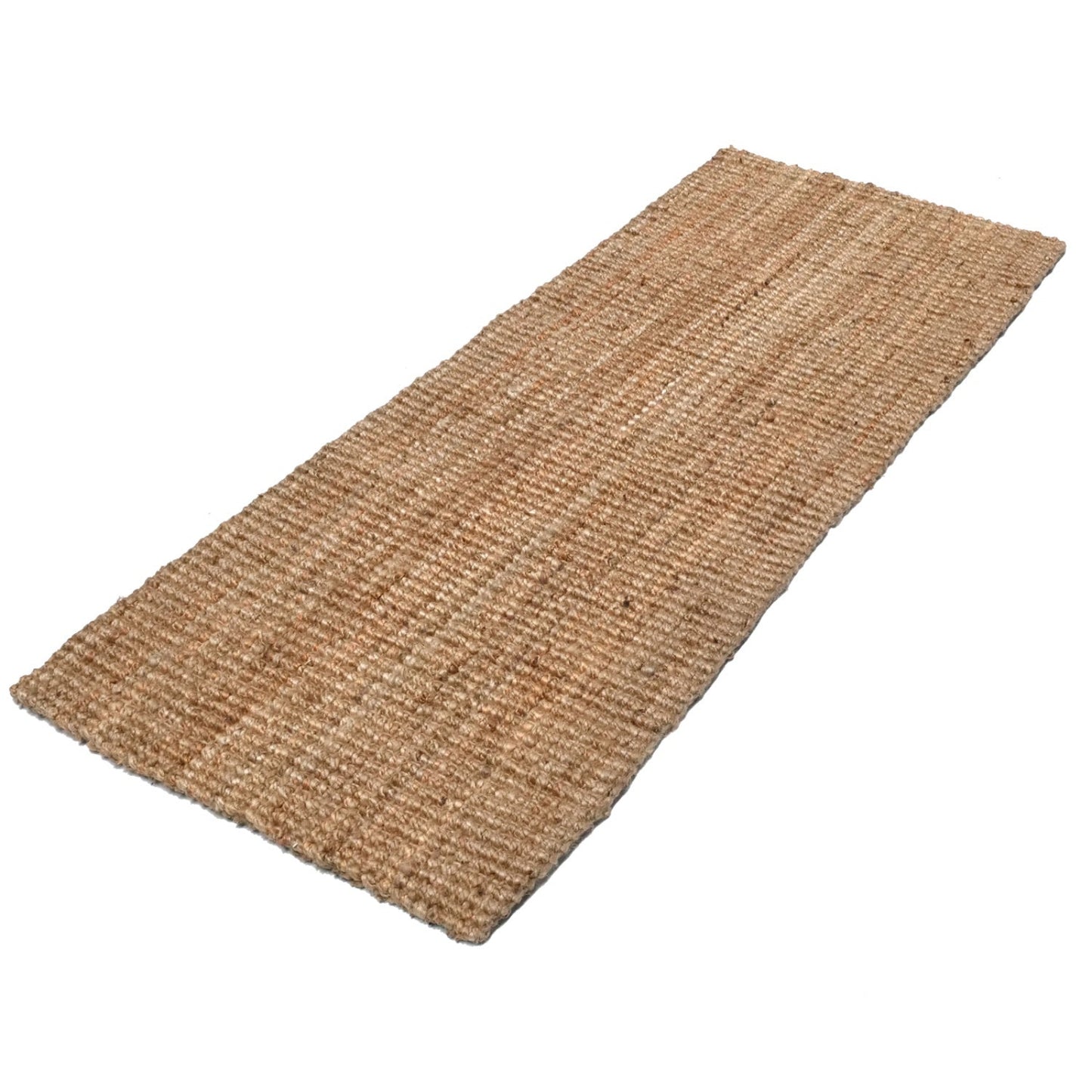 Beige woven jute runner mat on a white background