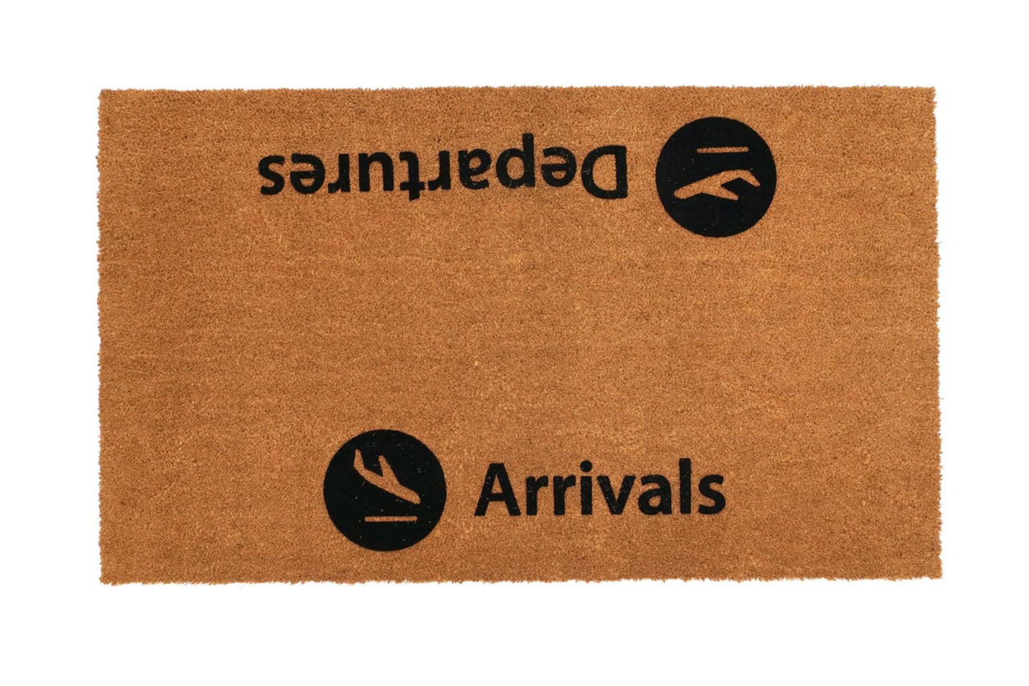 Doormat with 'Departs' and 'Arrives' text and logos on a brown background