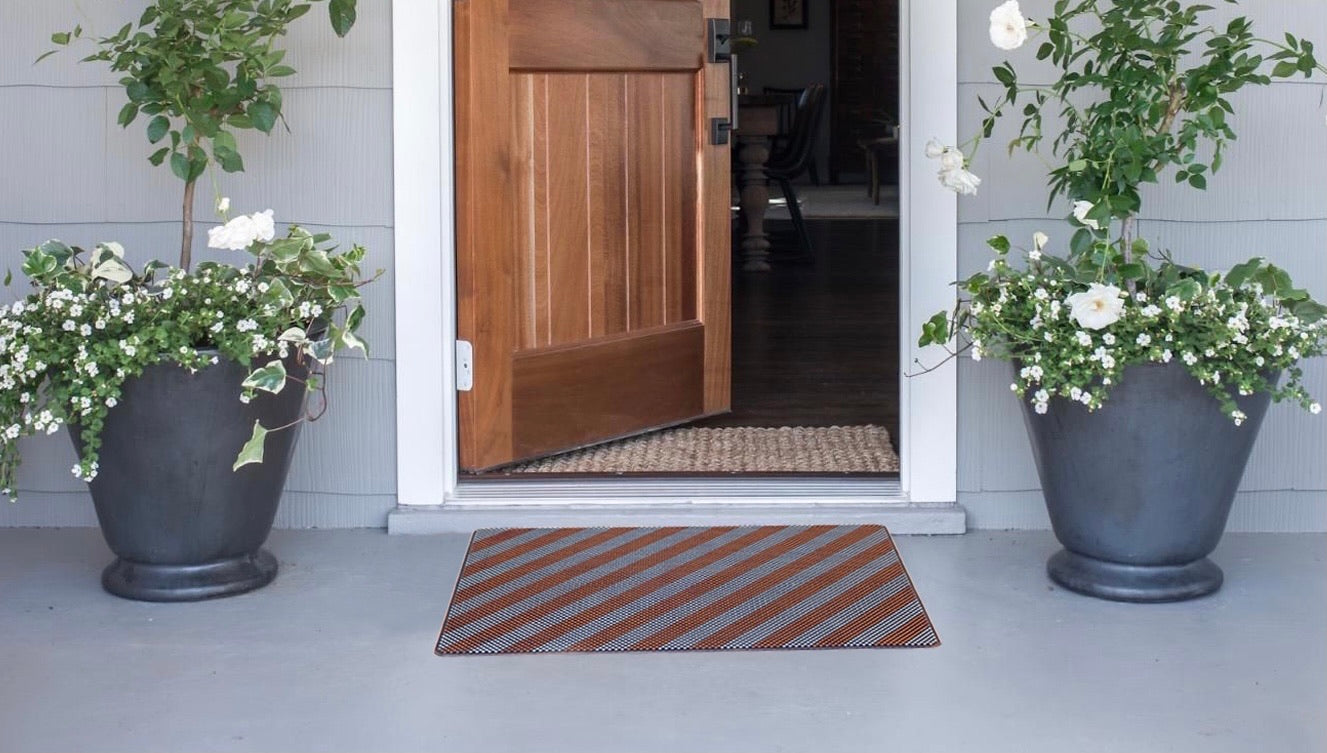 Two rectangular rubber floor mats with metallic strips in copper and silver colors, placed on the floor in front of a wooden door, with potted plants on either side.