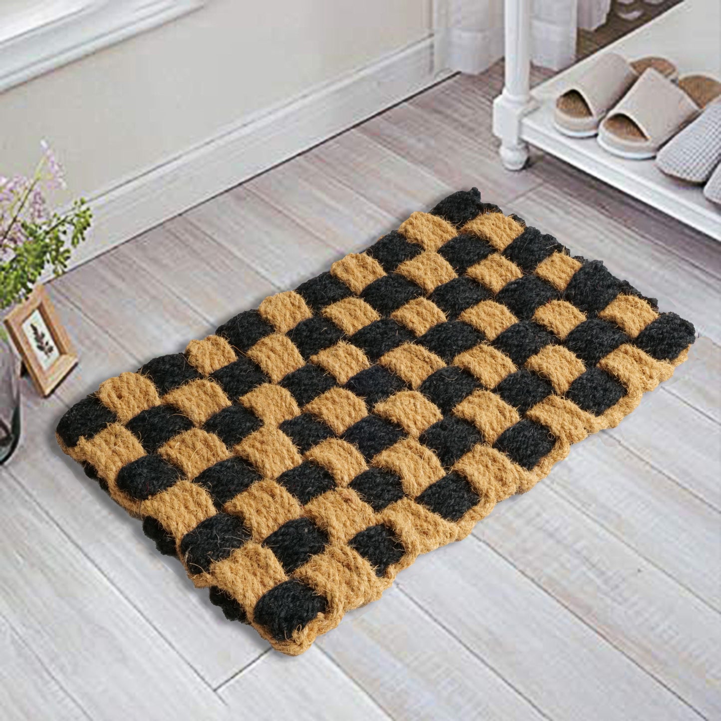 OnlyMat Black & Natural CrisCross Knotted Coir Rope Mat