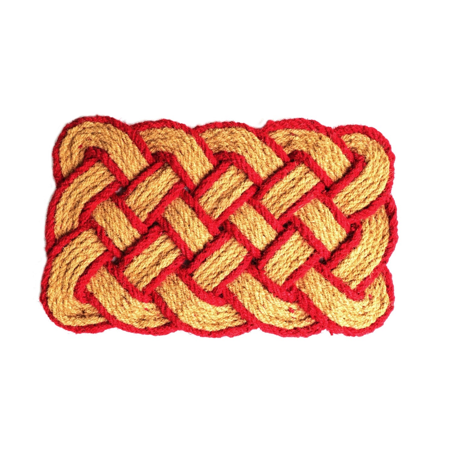 Traditional woven coir mat with red and gold pattern on a white background
