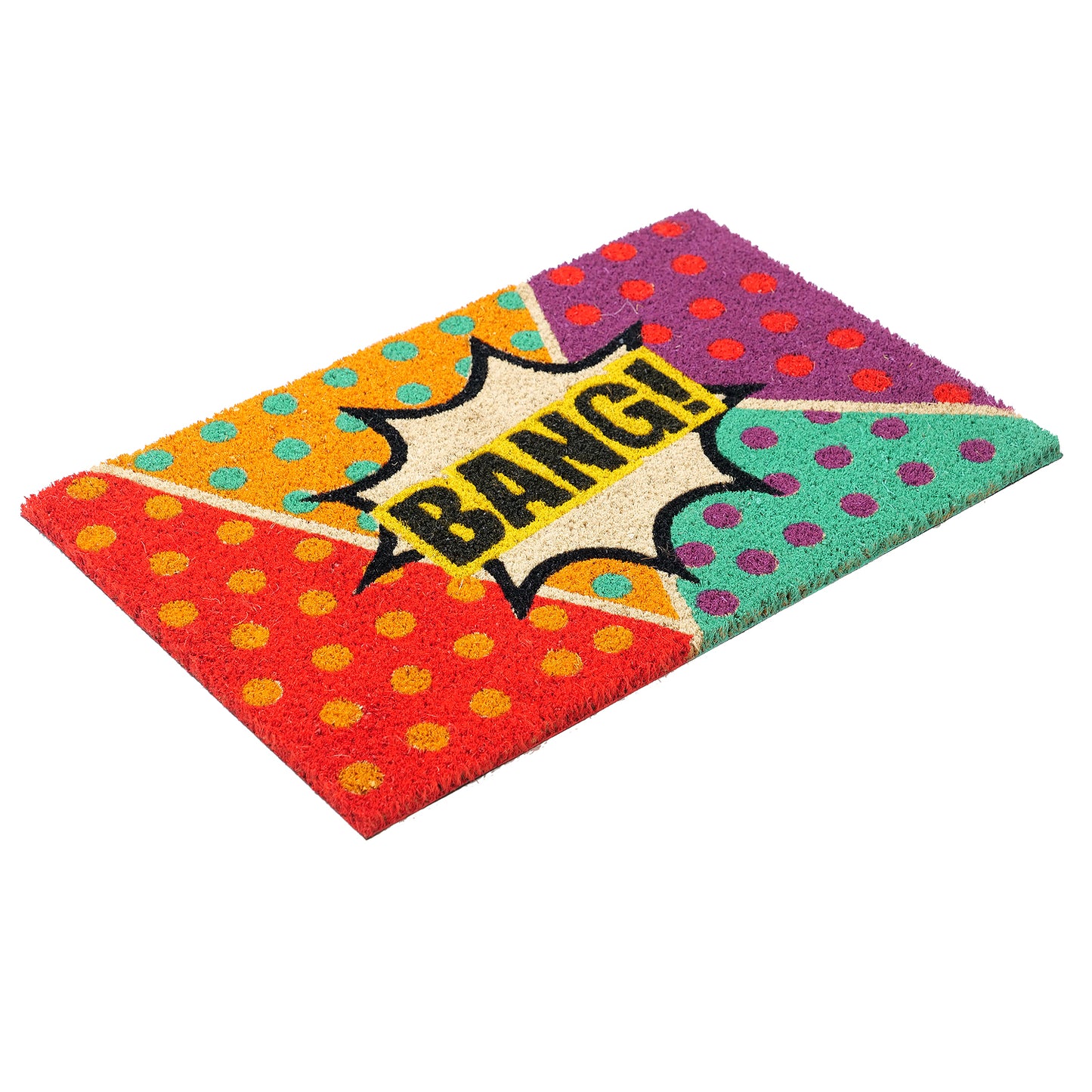 OnlyMat BANG Pop Art Fun Design Printed Polka Natural Coir Door Mat