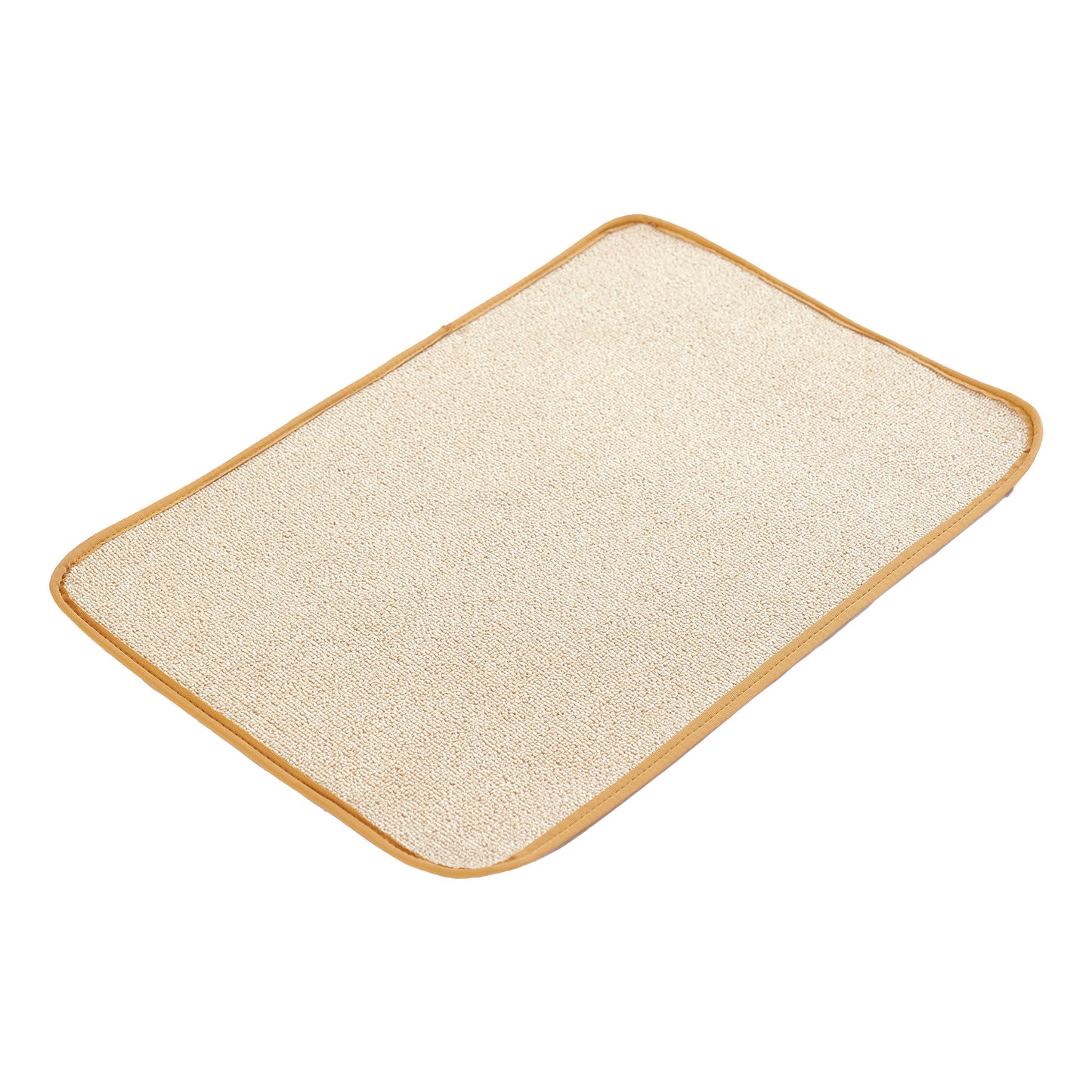 A rectangular beige cream-colored mat with a textured surface and a brown border.