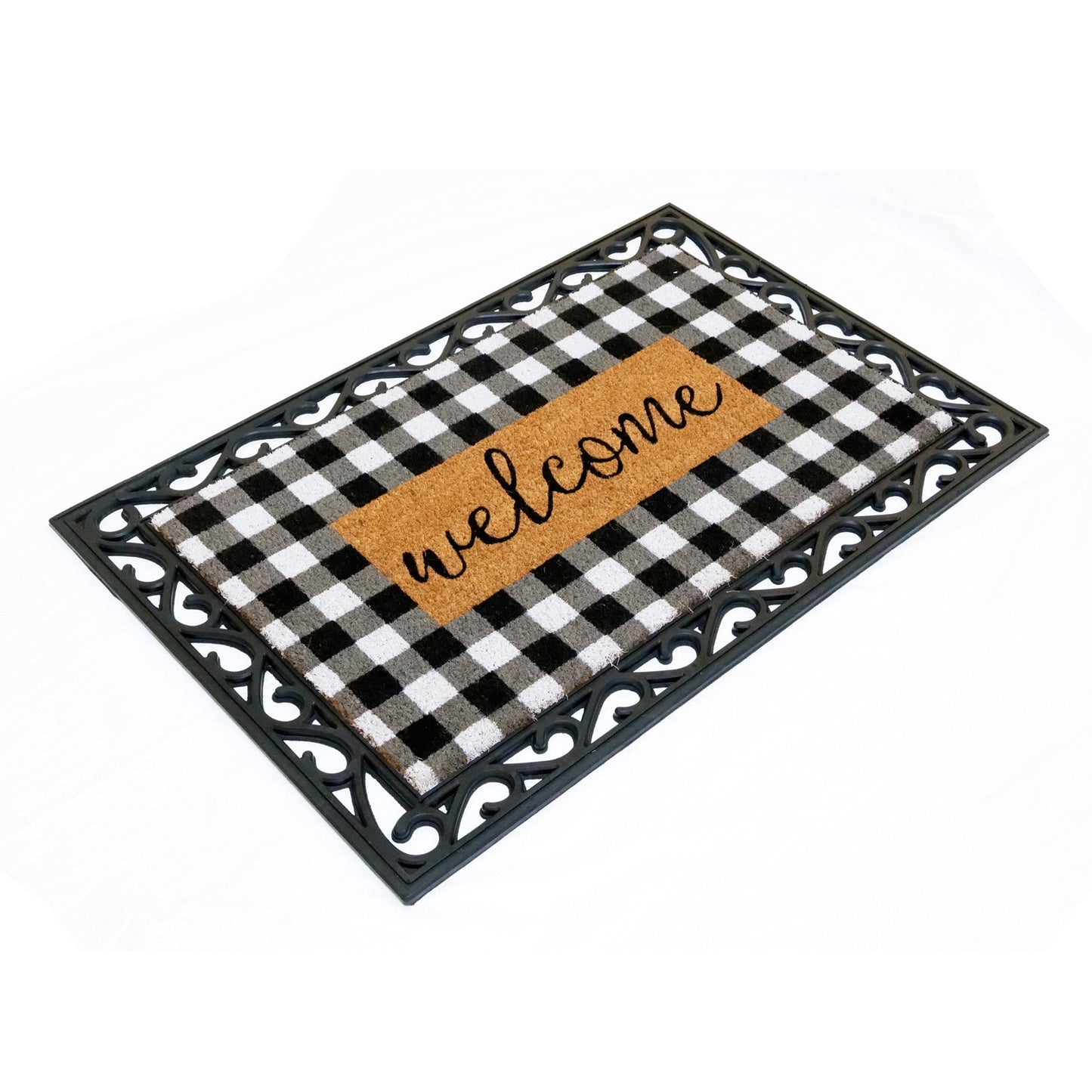 OnlyMat Combo Doormat: Plaid Coir Welcome Mat + Rubber Tray