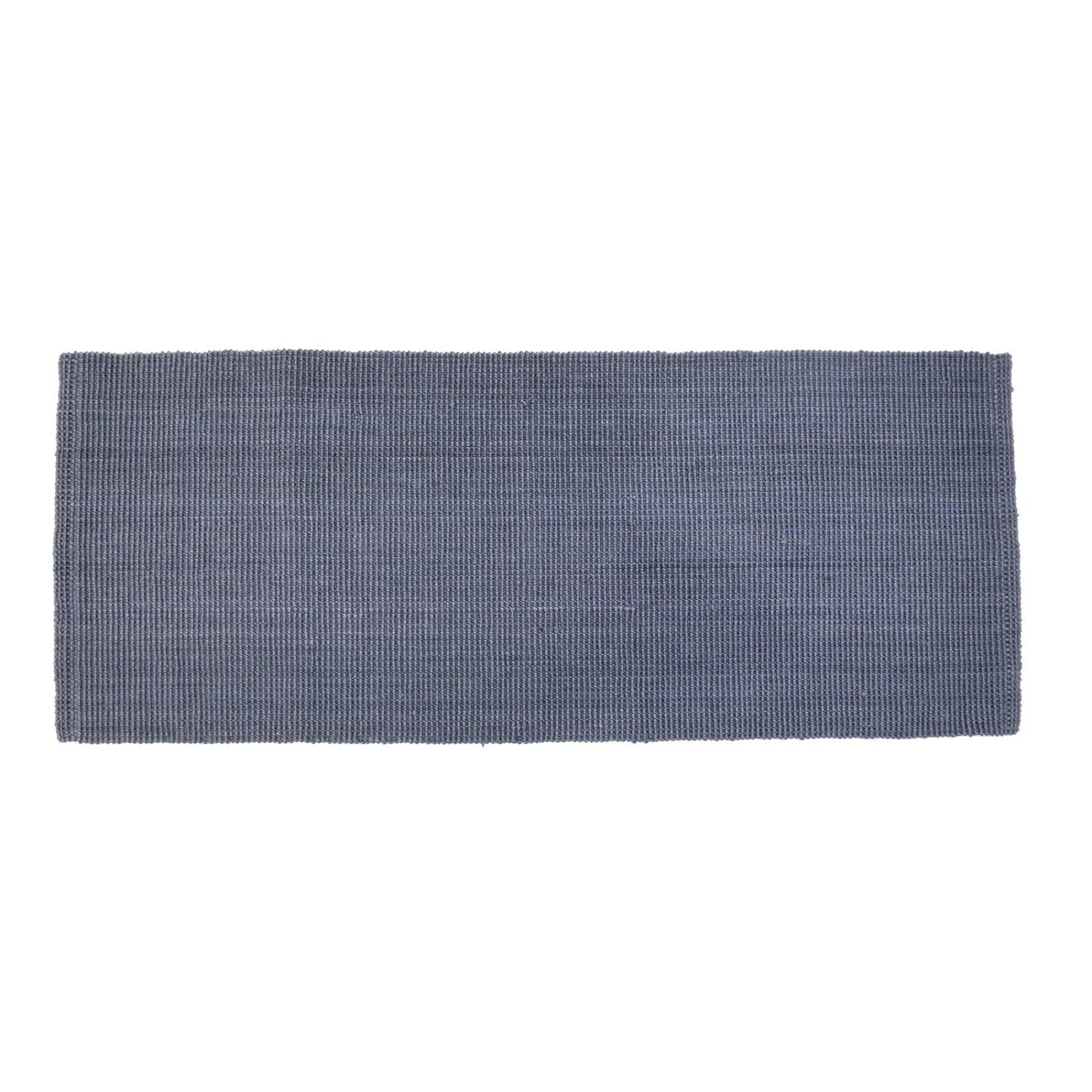 Rectangular blue woven jute runner mat on a white background