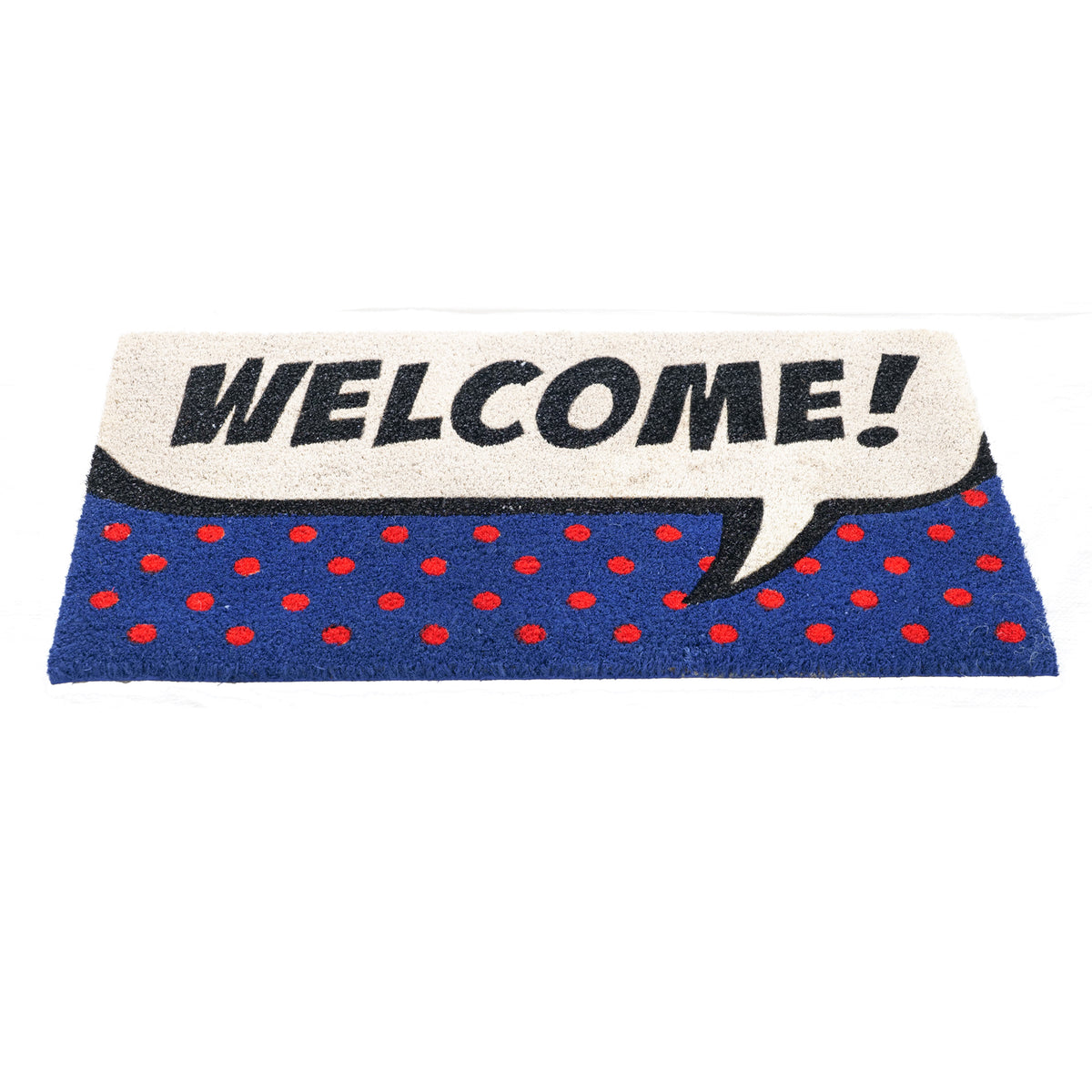OnlyMat Welcome with Polka Dots Pop Art Fun Design Printed Blue and Red Natural Coir Door Mat