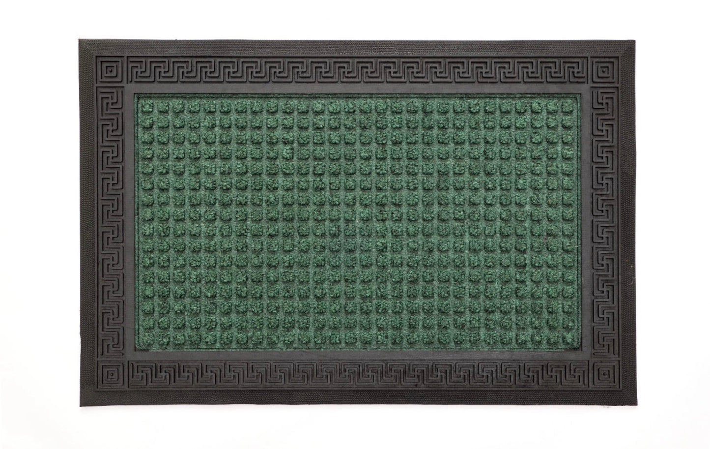 A rectangular green doormat with an anti-slip design and a geometric pattern.