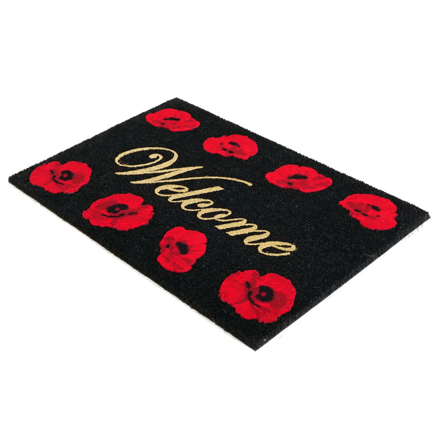 OnlyMat Welcome Flocked with Poppy Flowers printed Thick Black Coir Door mat