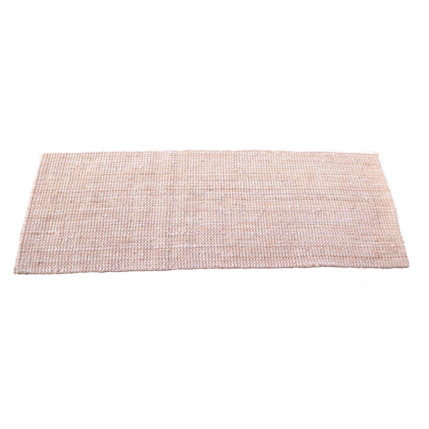 Rectangular woven jute mat on a white background